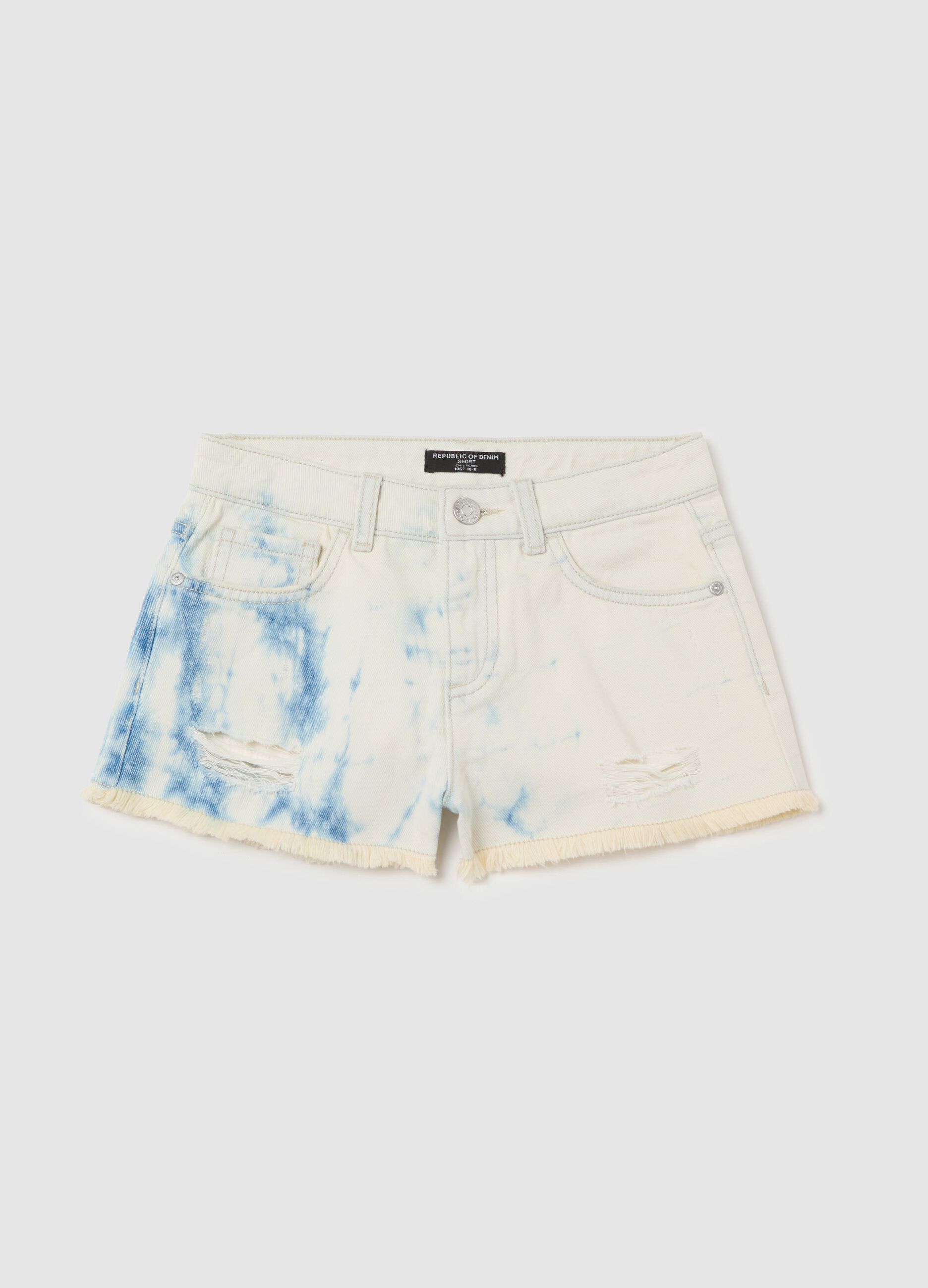 White Denim Shorts with Tie-Dye Effect