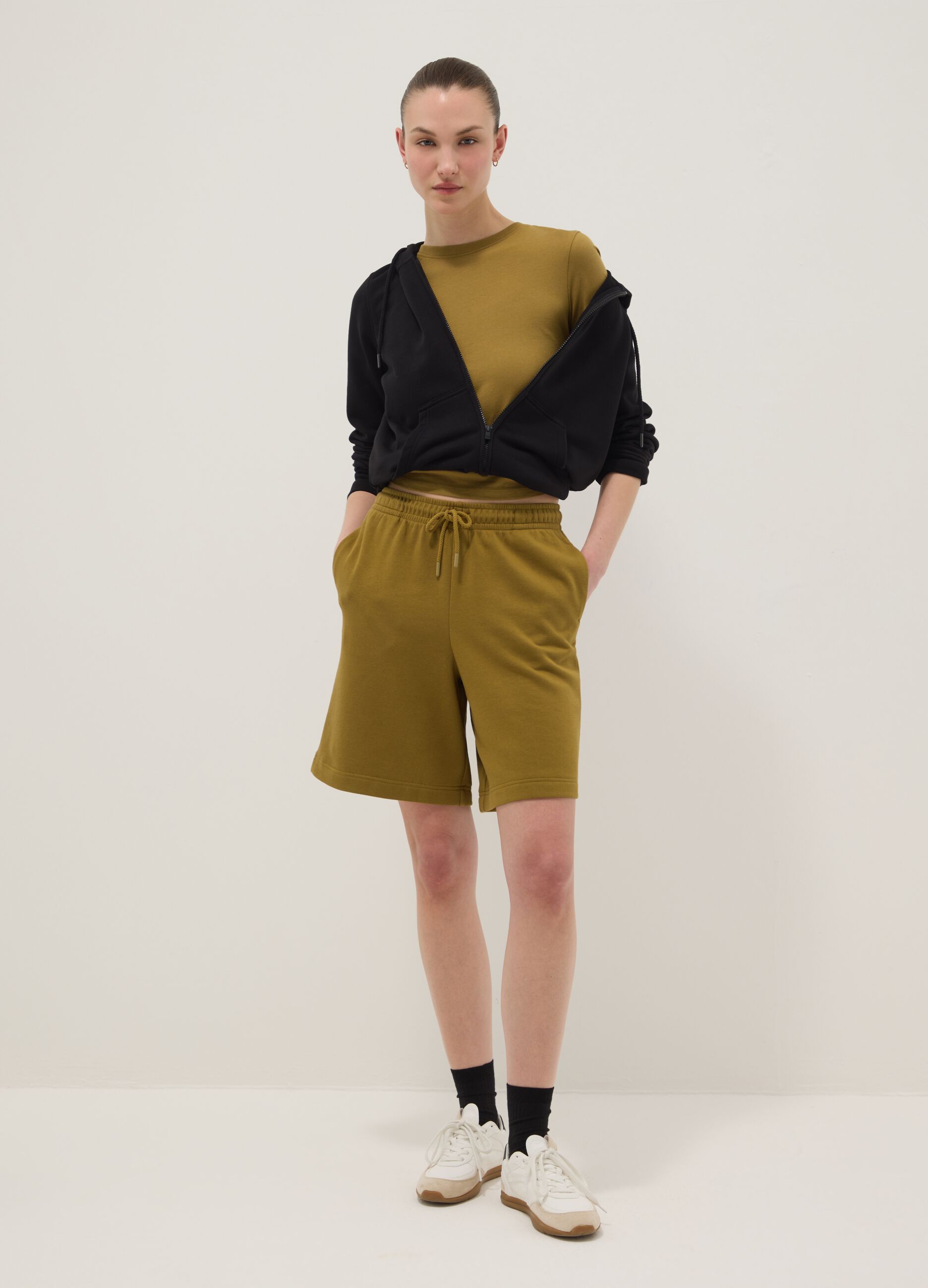 Green cotton-blend regular-fit shorts with elasticated waistband