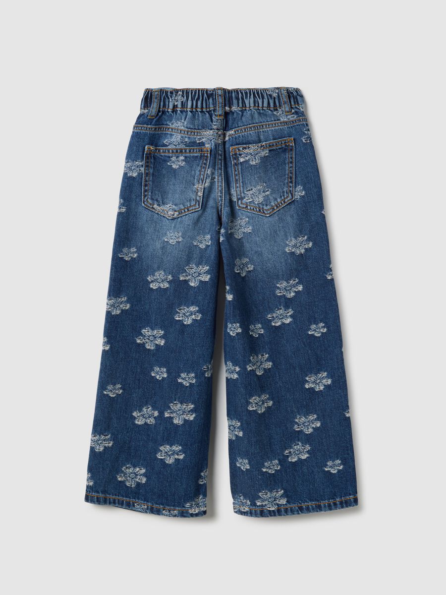 Girls' blue pure cotton jeans regular fit with flowers_1