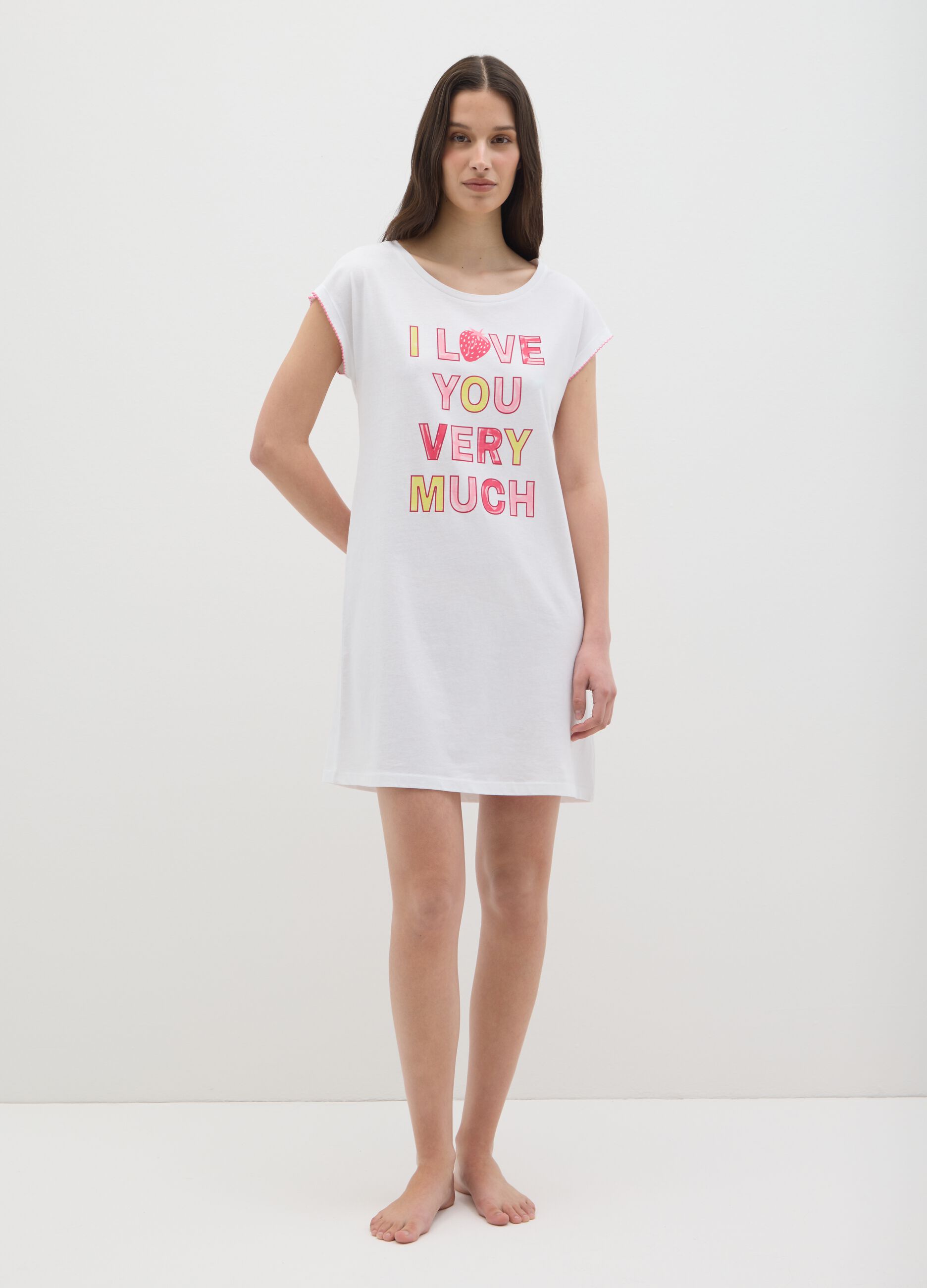 Women's White Pure Cotton Nightdress Regular Fit with 'I Love You Very Much' Print