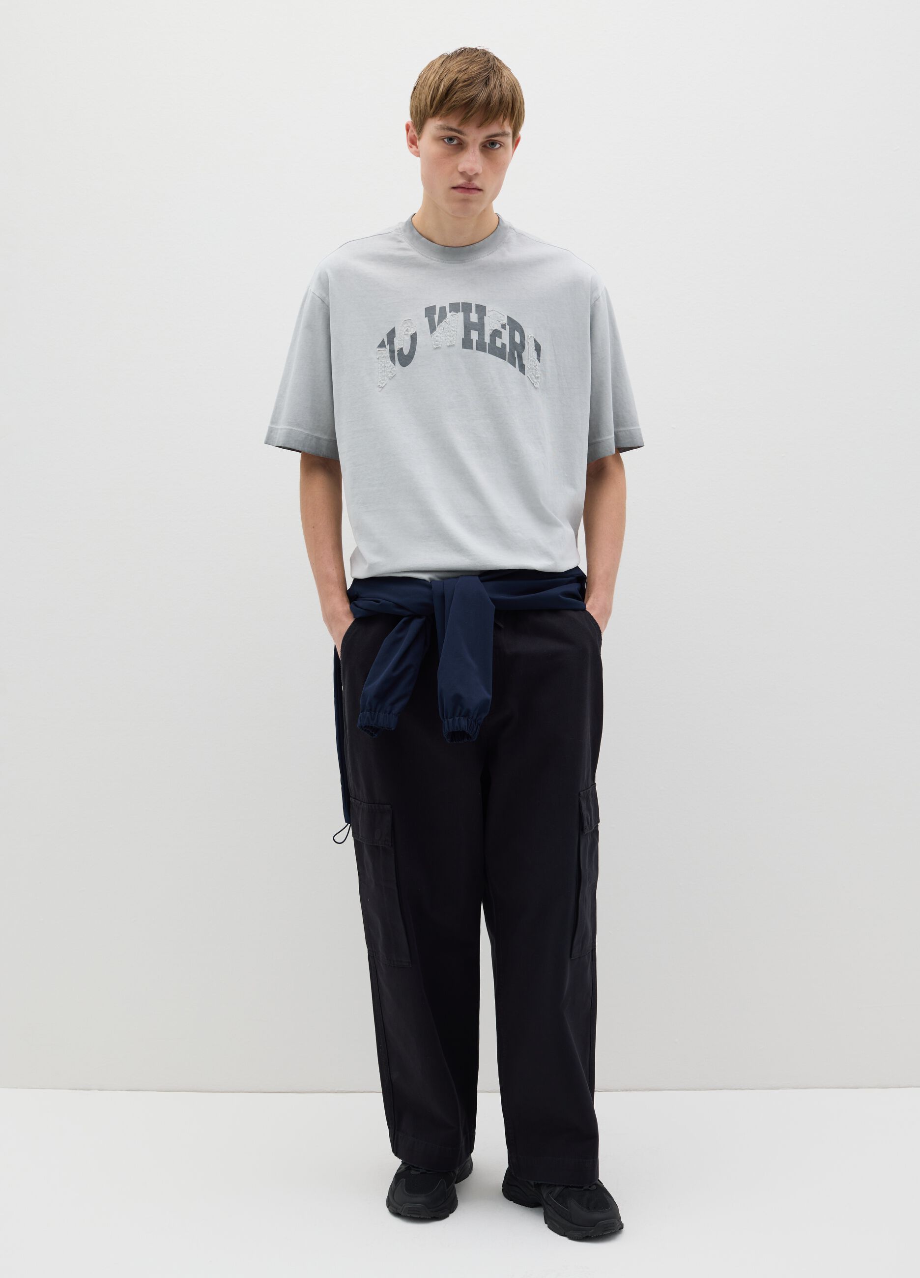 Acid wash cotton T-shirt with "NO WHERE" patch
