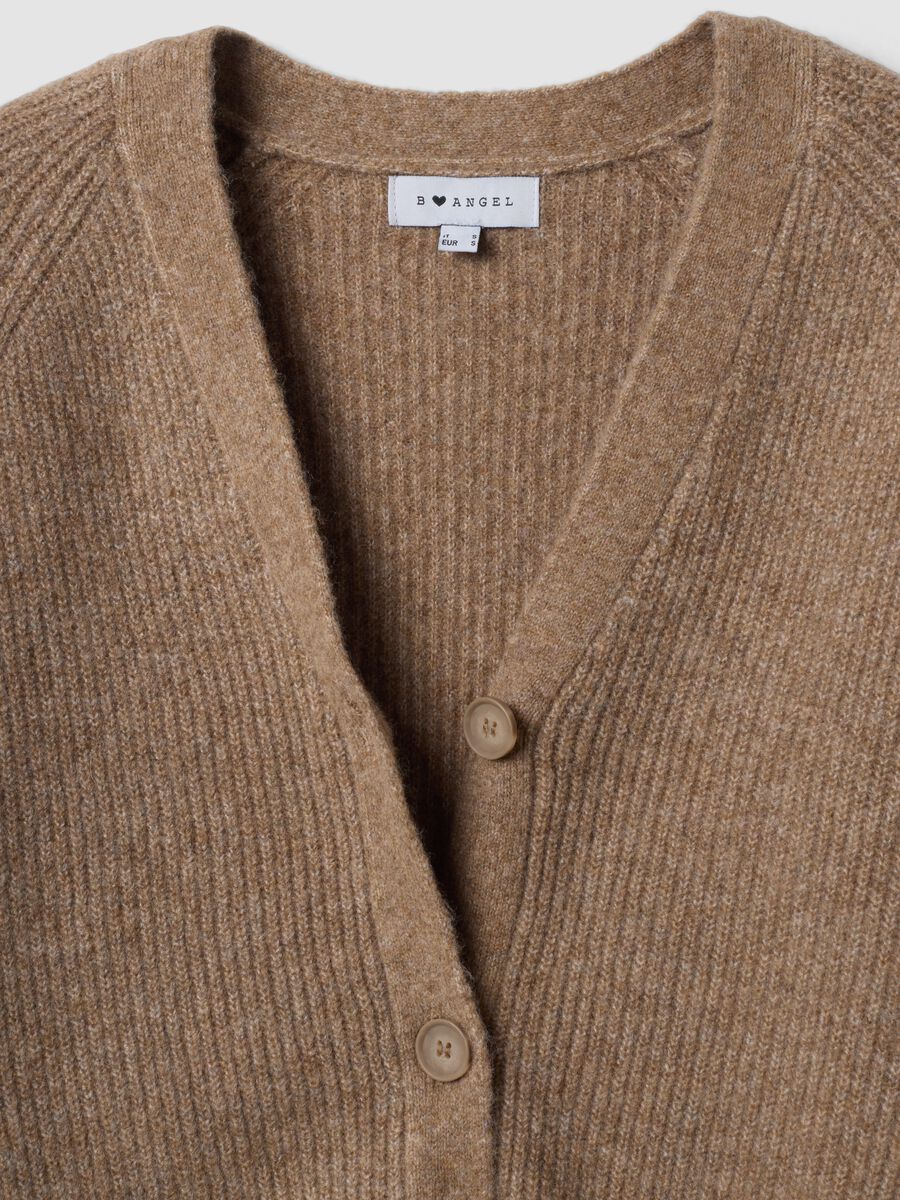 Brown stretch wool oversized cardigan with deep V-neck_1