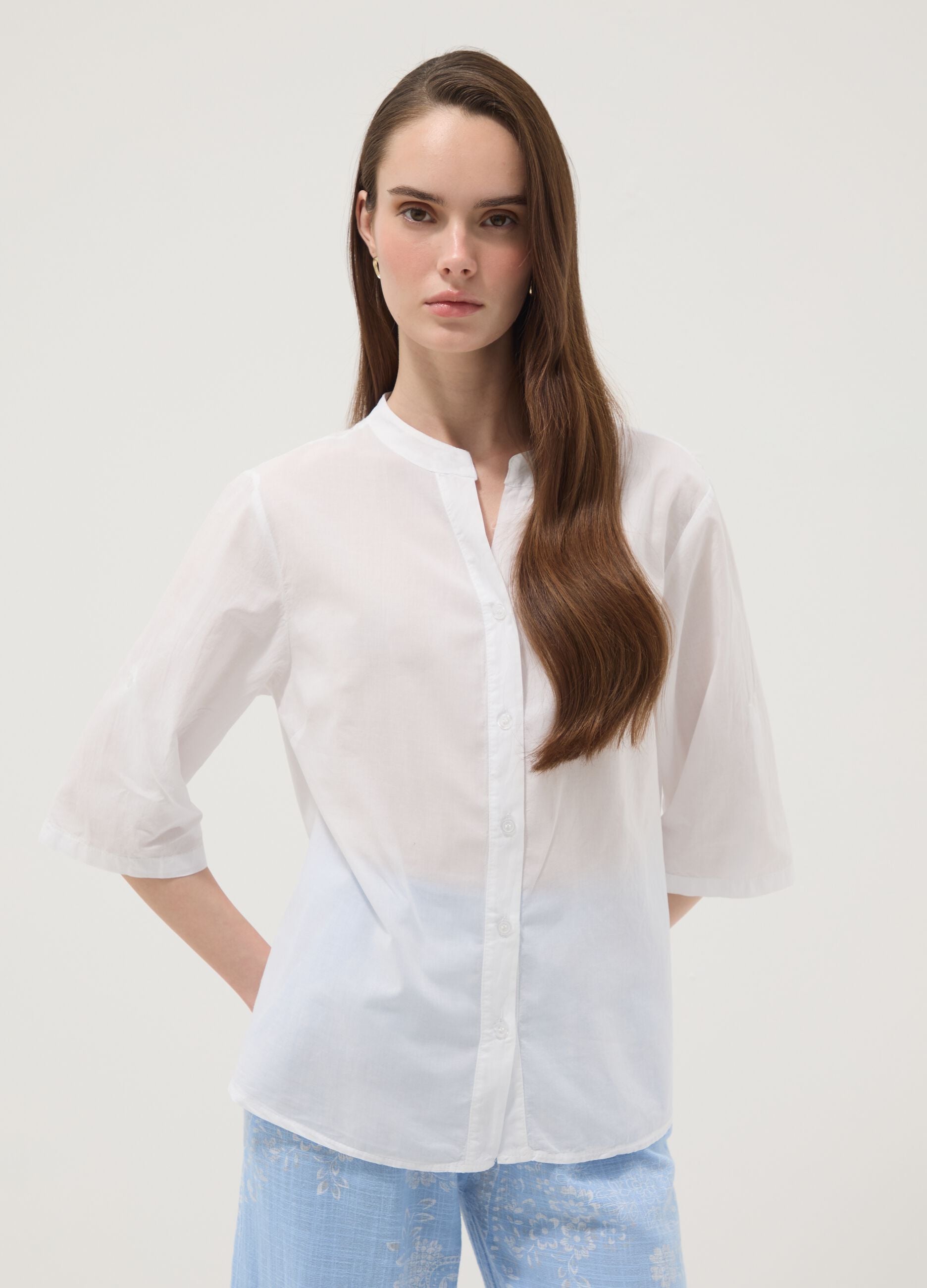 White pure cotton shirt with broderie anglaise embroidery, regular fit