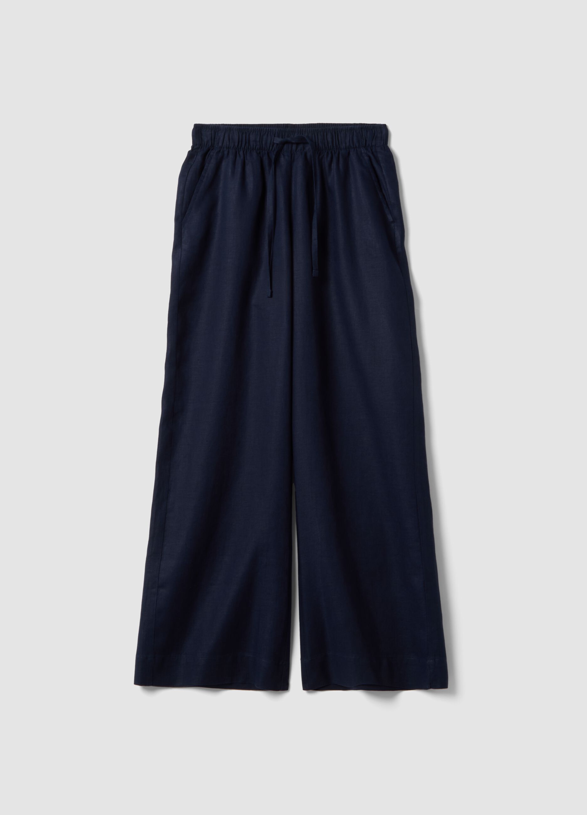 Blue pure linen drawstring trousers, straight fit