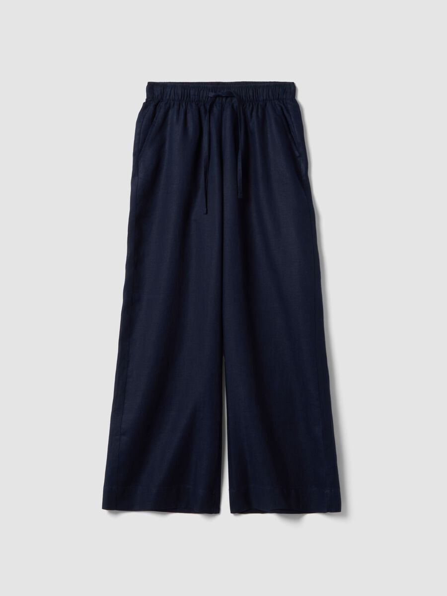 Pantaloni blu in puro lino con coulisse straight fit_4