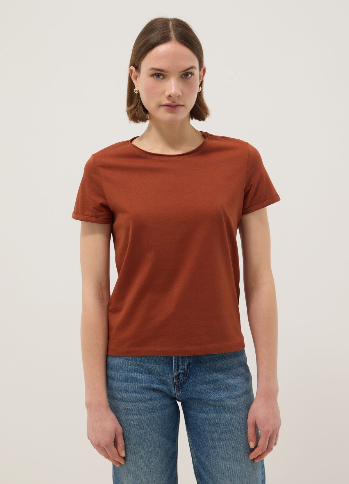 T-shirt fitted a maniche corte in cotone elasticizzato viola da Donna