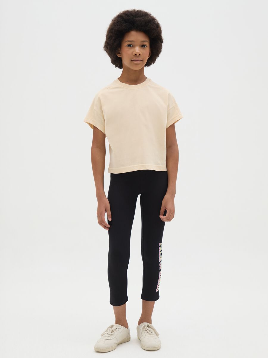 Black leggings in stretch cotton with "Palm Springs" print_1