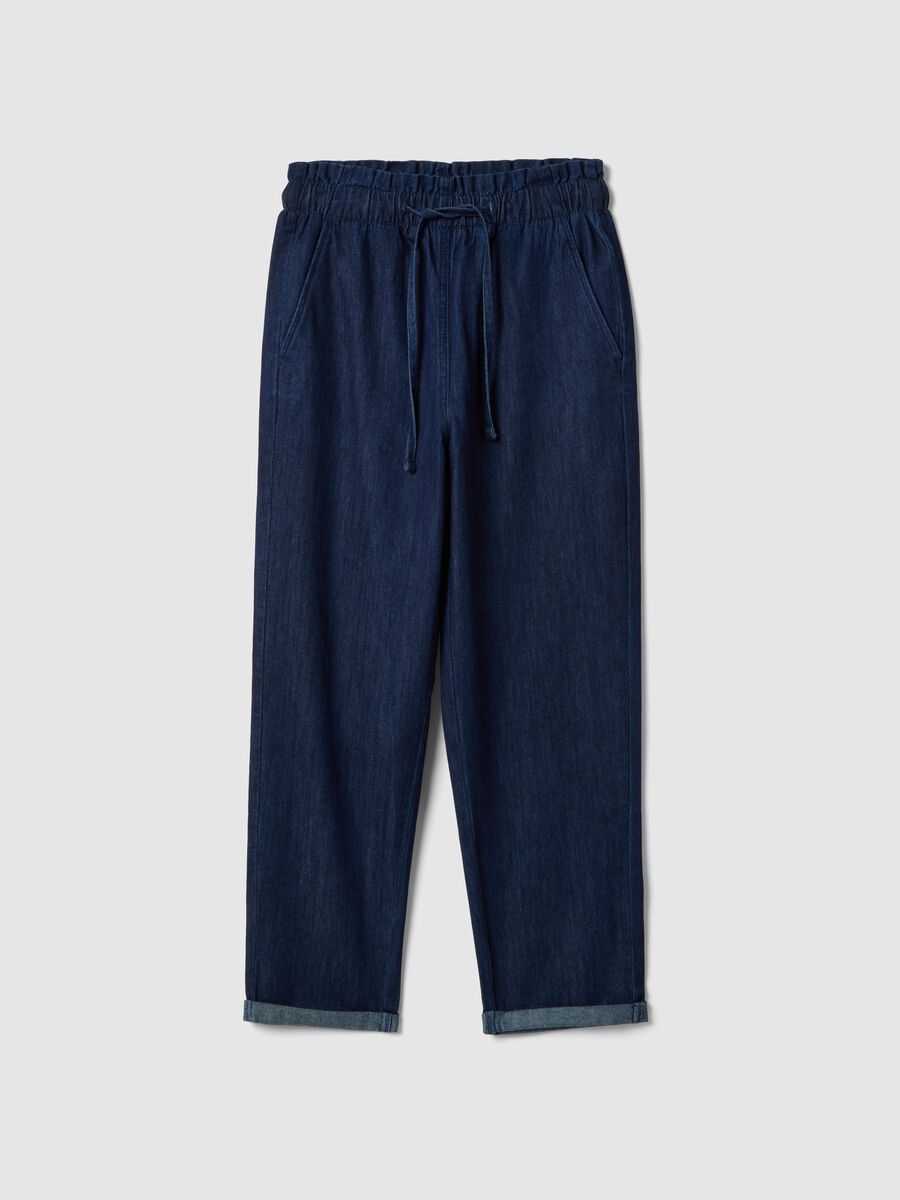 Regular fit blue denim cotton paper bag trousers_4
