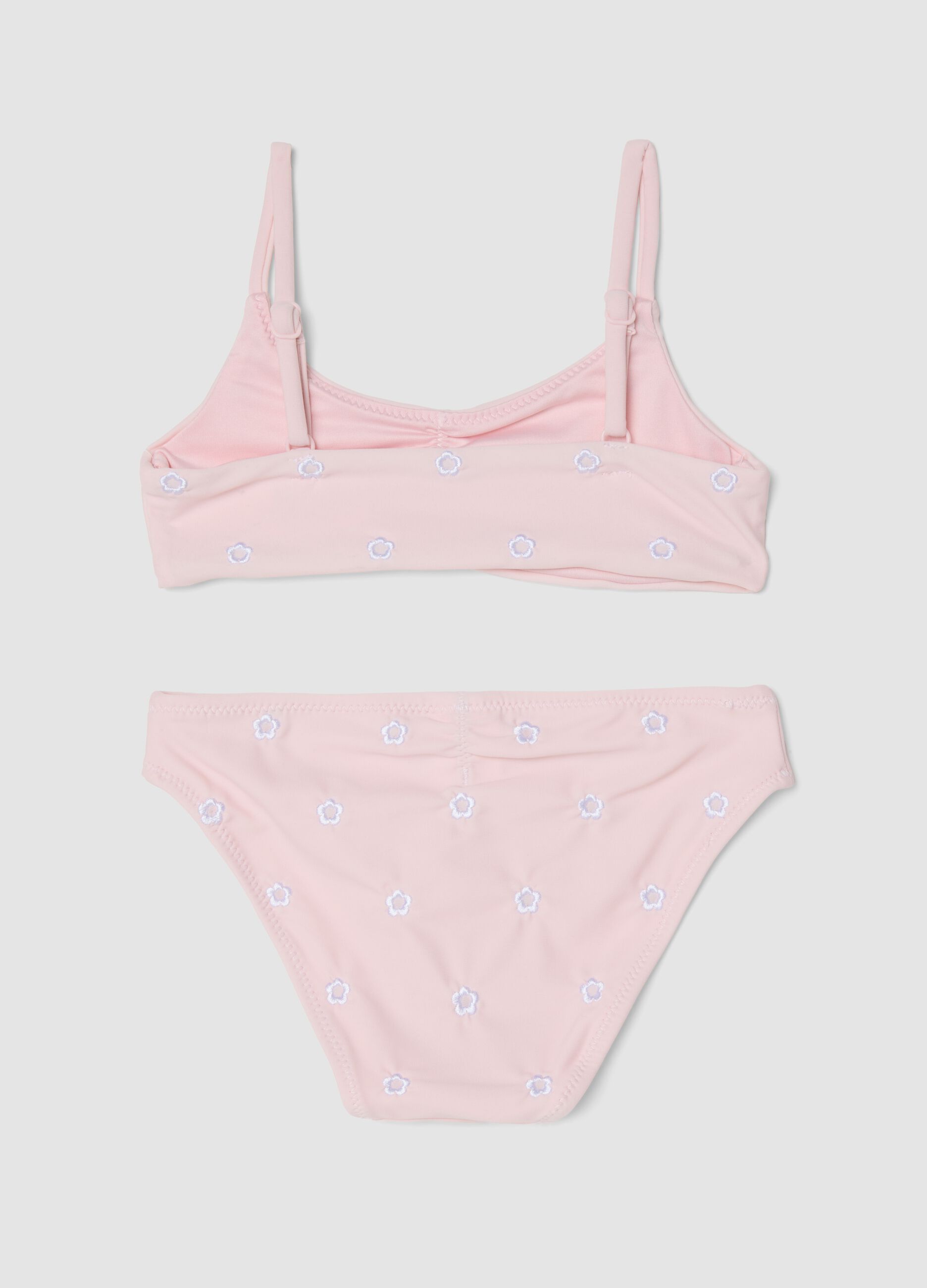 Pink stretch bikini with floral embroidery