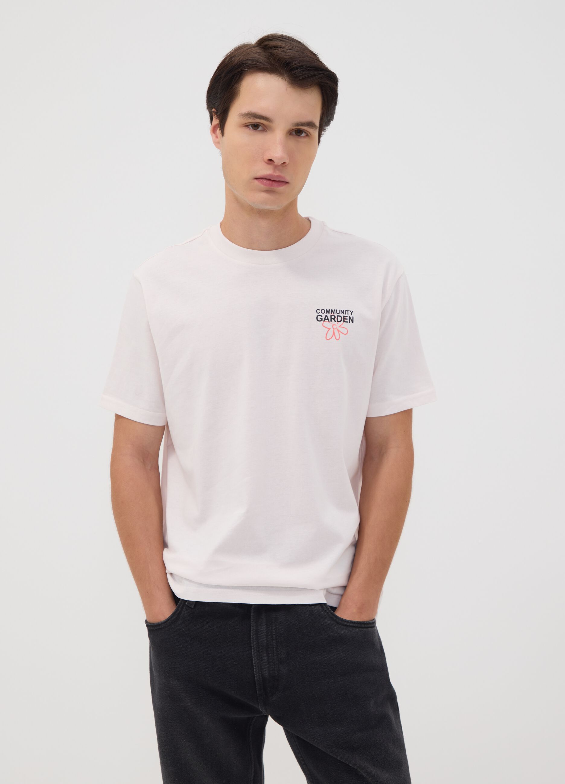 White pure cotton jersey T-shirt with print, regular fit