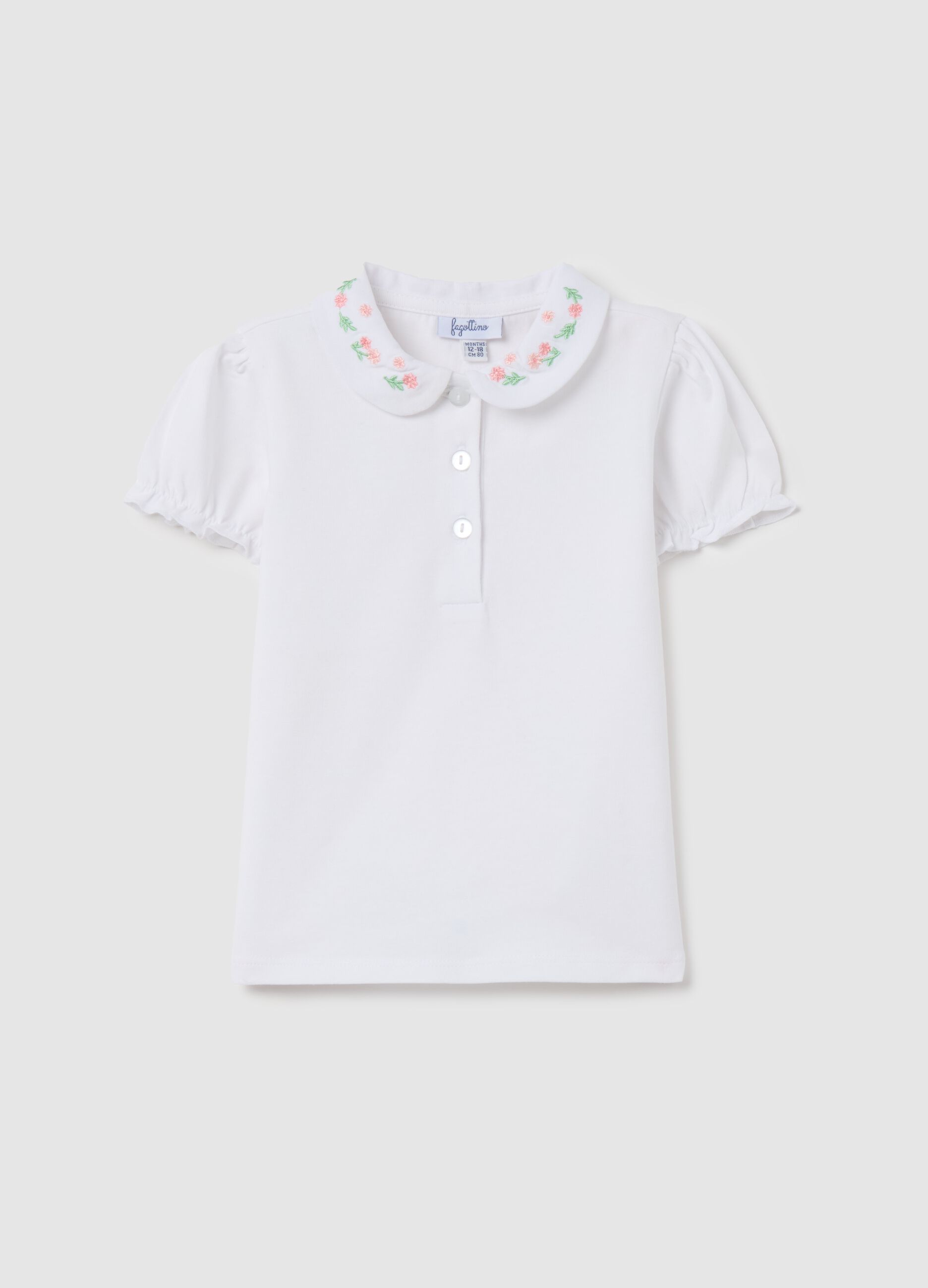Stretch cotton polo shirt with flowers embroidery