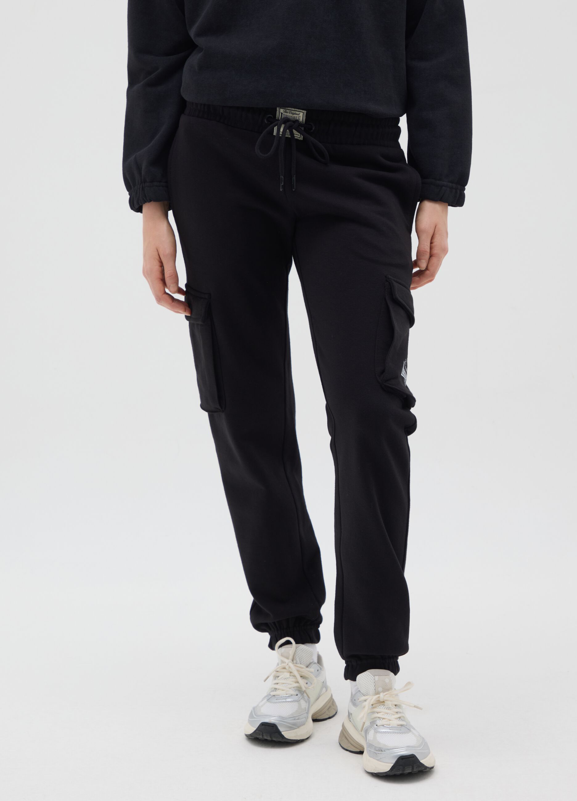 Black cotton cargo trousers regular fit