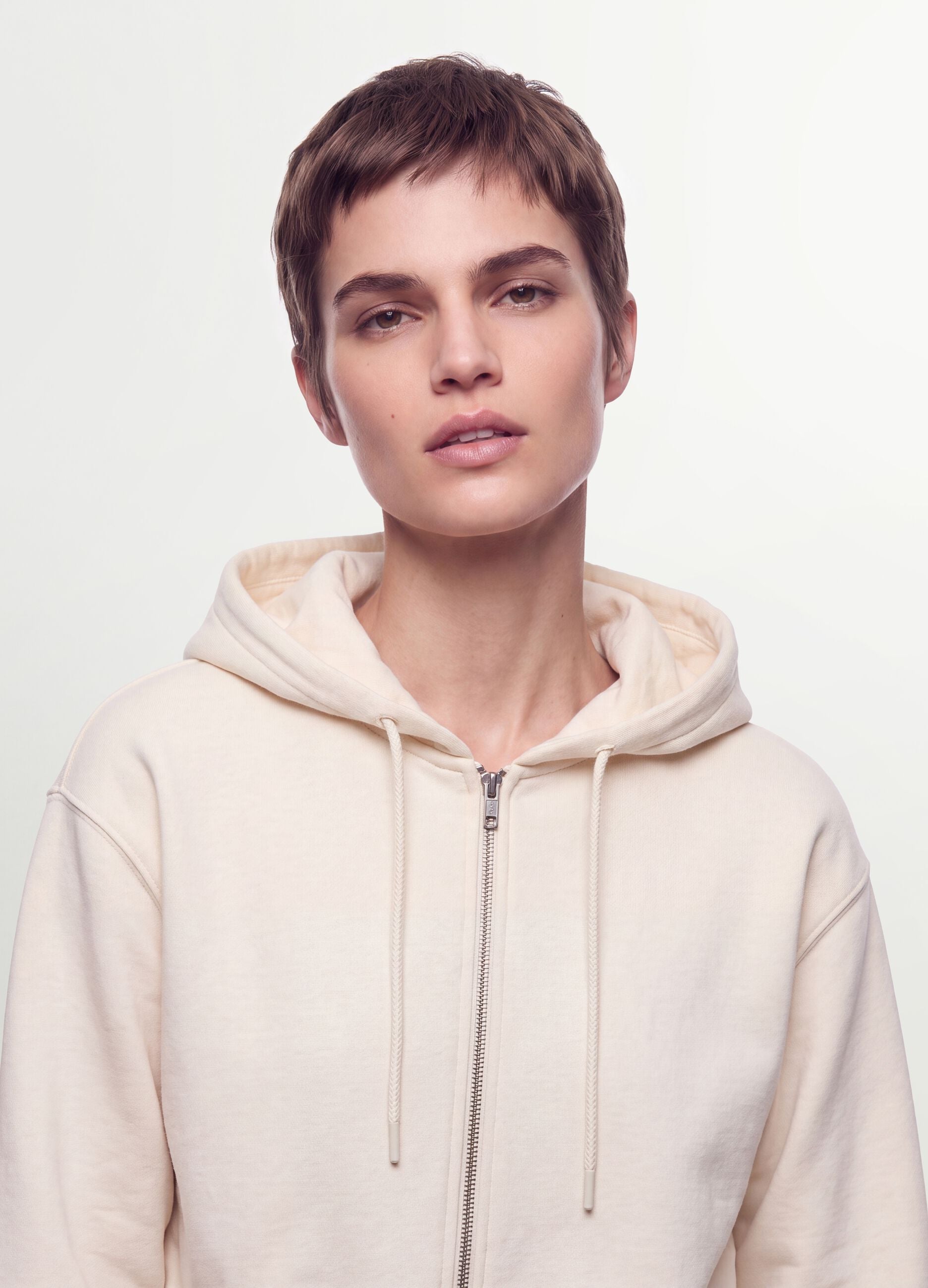 White cotton-blend fitted zip-up hoodie