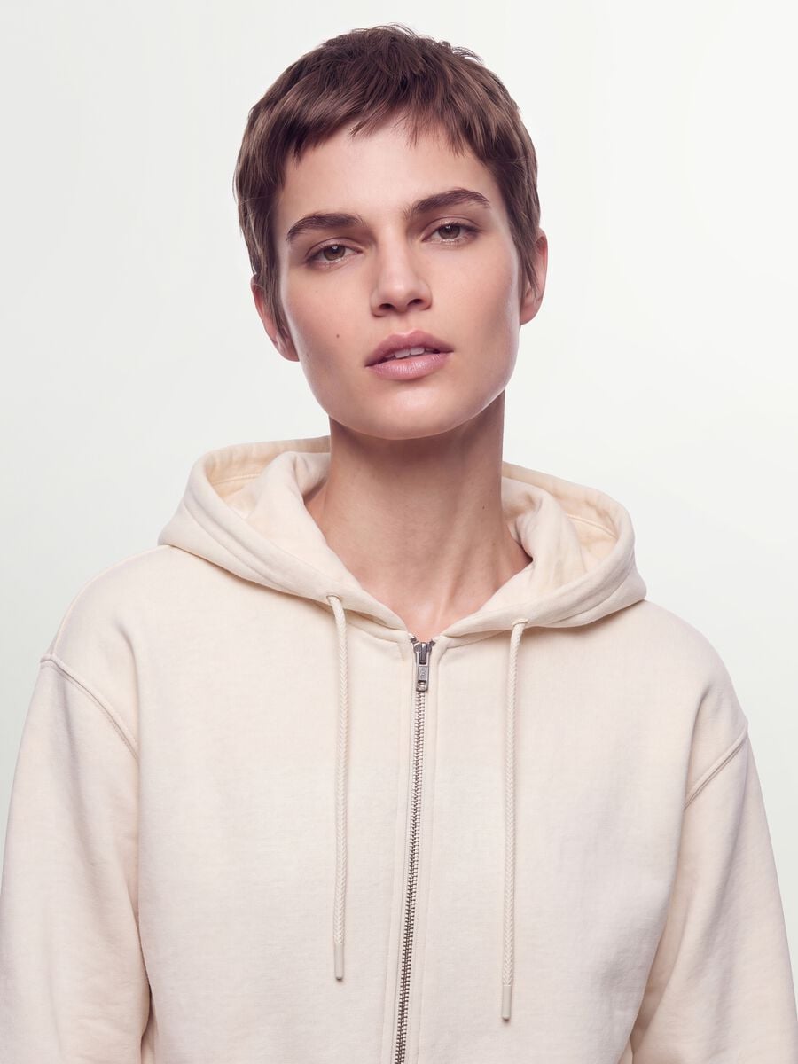 Felpa full zip bianca in misto cotone con cappuccio fitted_0