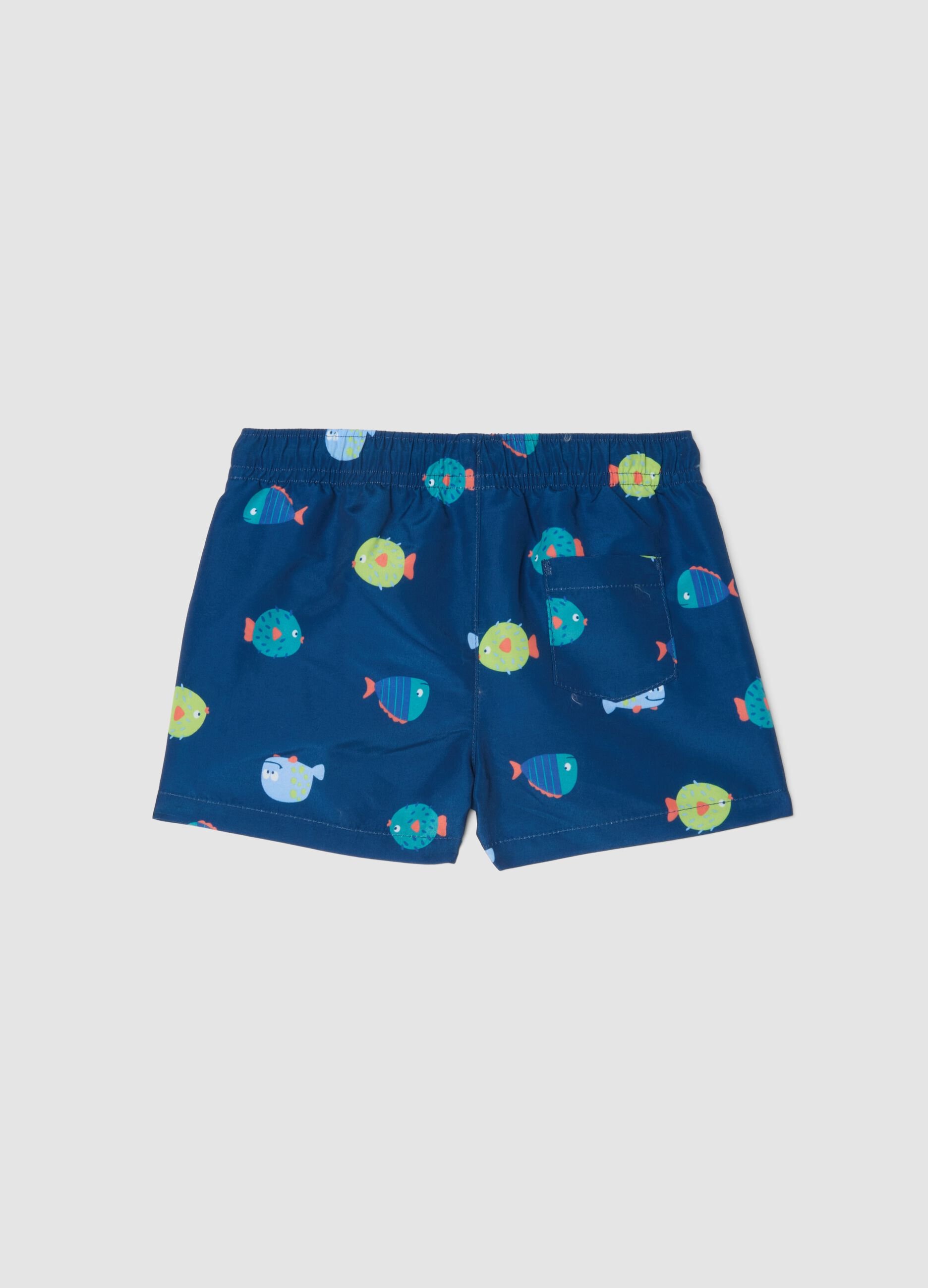 Blue fish-print boxer swim shorts for baby boys