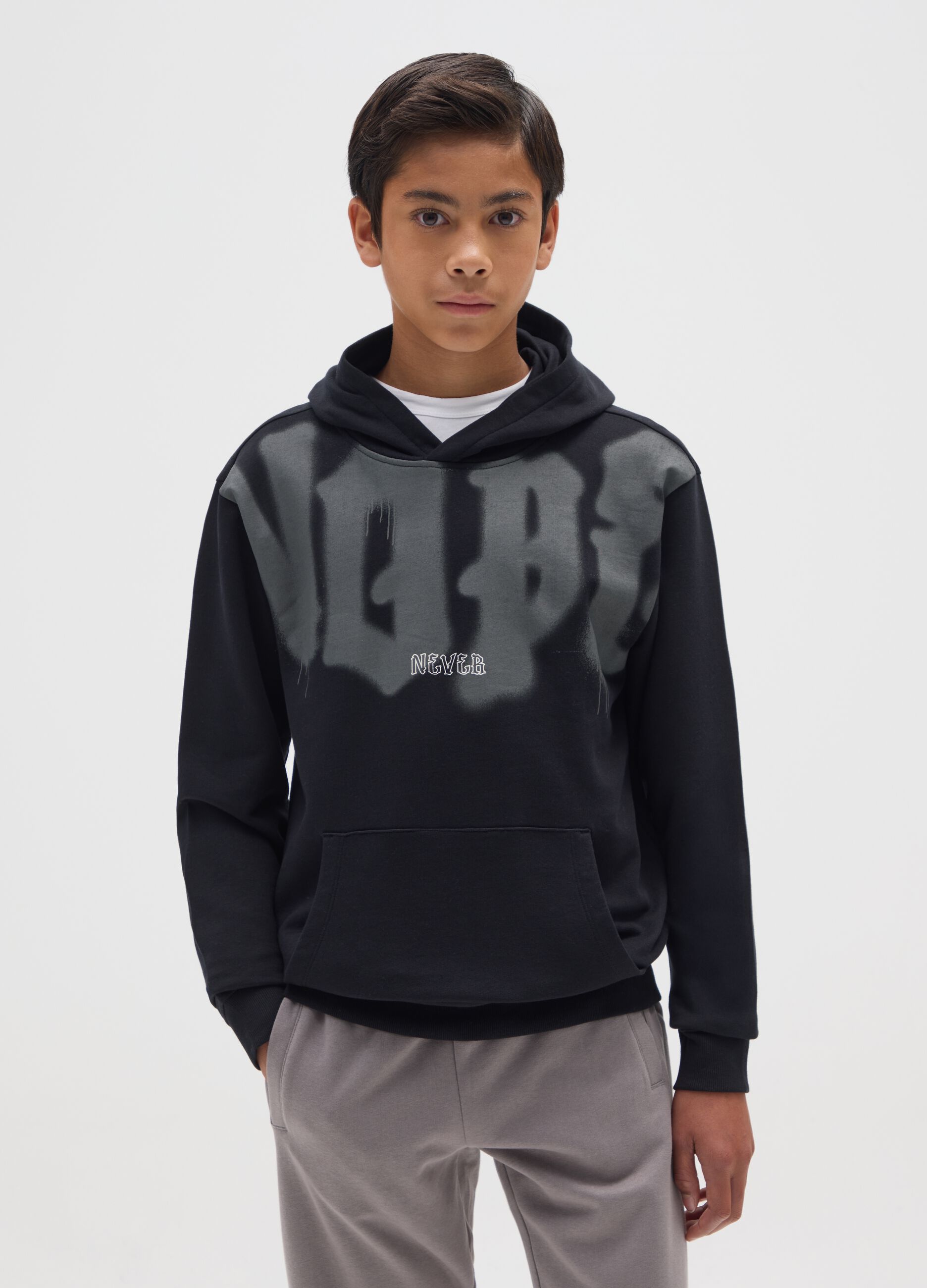 Boys' pure black cotton hoodie