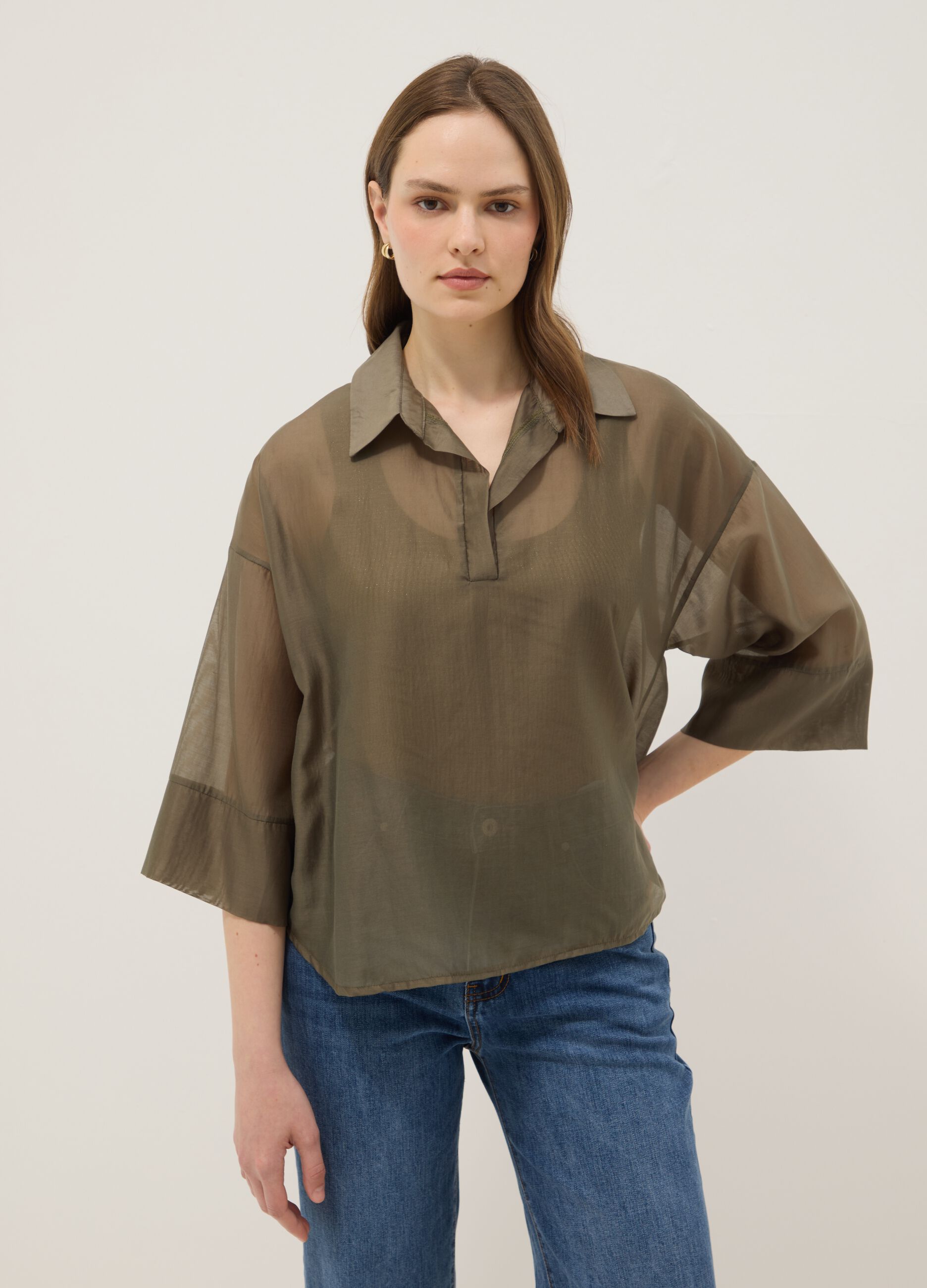 Green long-sleeve viscose-blend blouse, regular fit