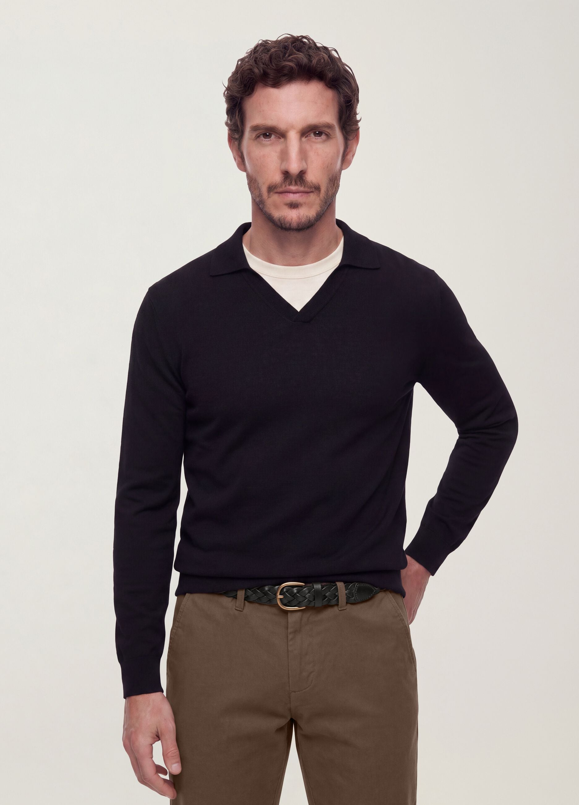 Black viscose-blend polo shirt with V-neck and regular fit collar