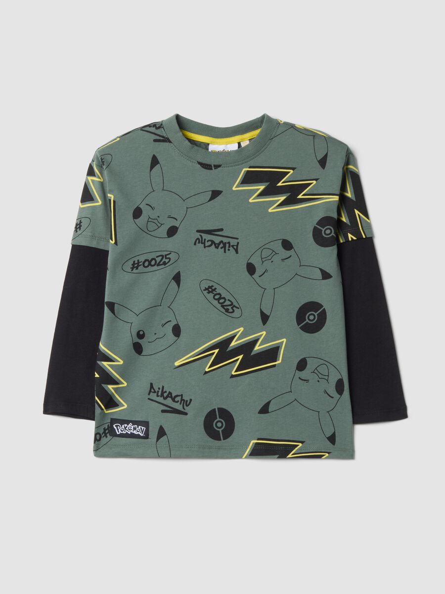 T-shirt verde in puro cotone con stampa Pikachu relaxed fit_0