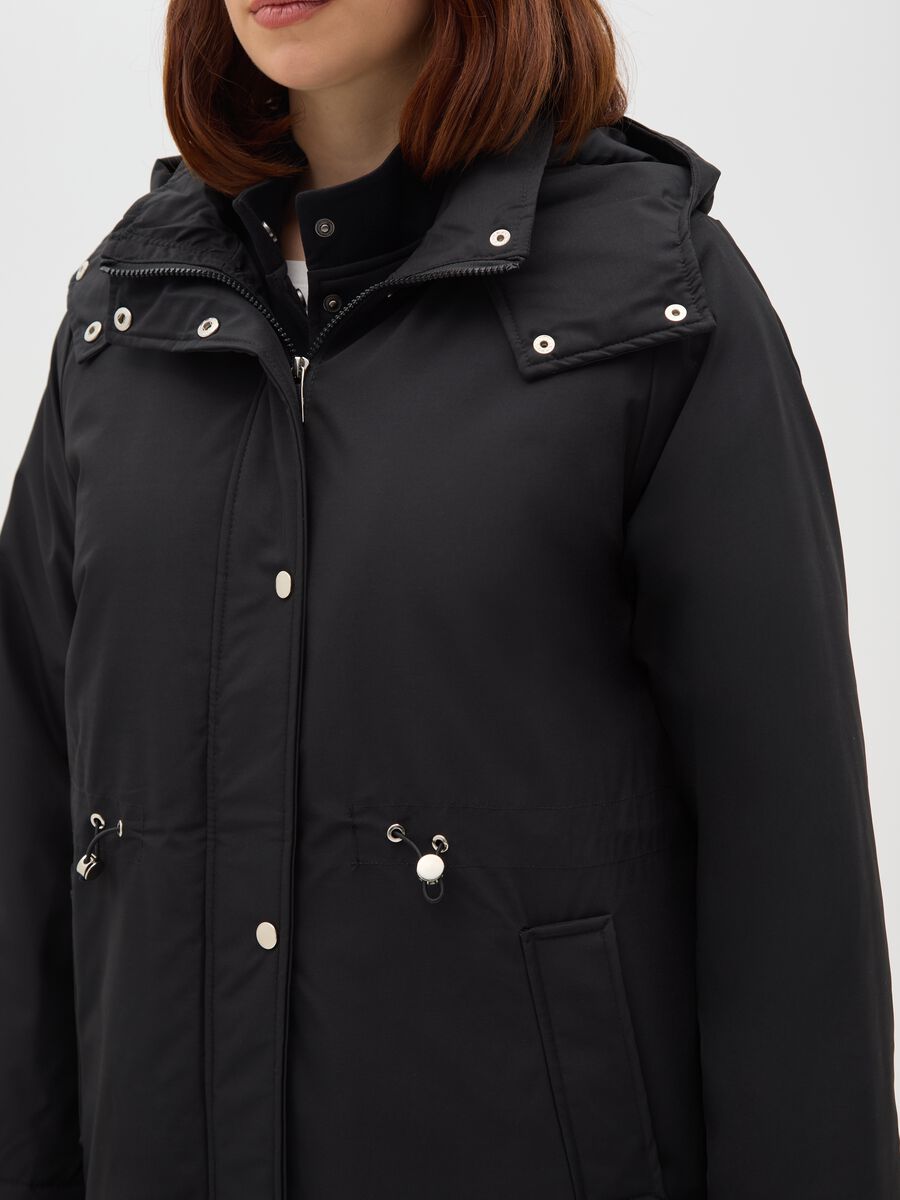 Black padded long jacket, regular fit with hood and zip_3