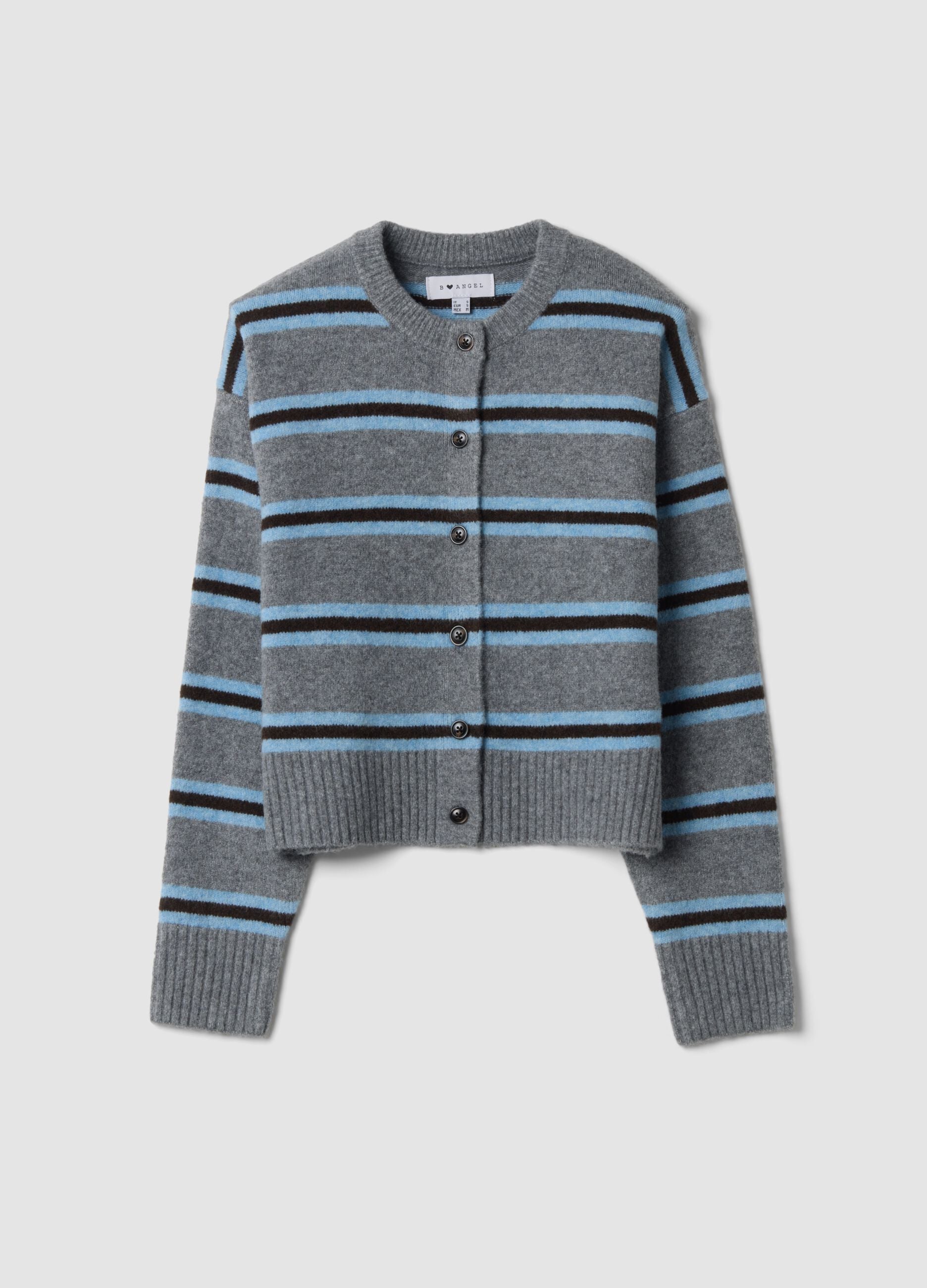 Grey striped stretch wool cardigan, regular fit