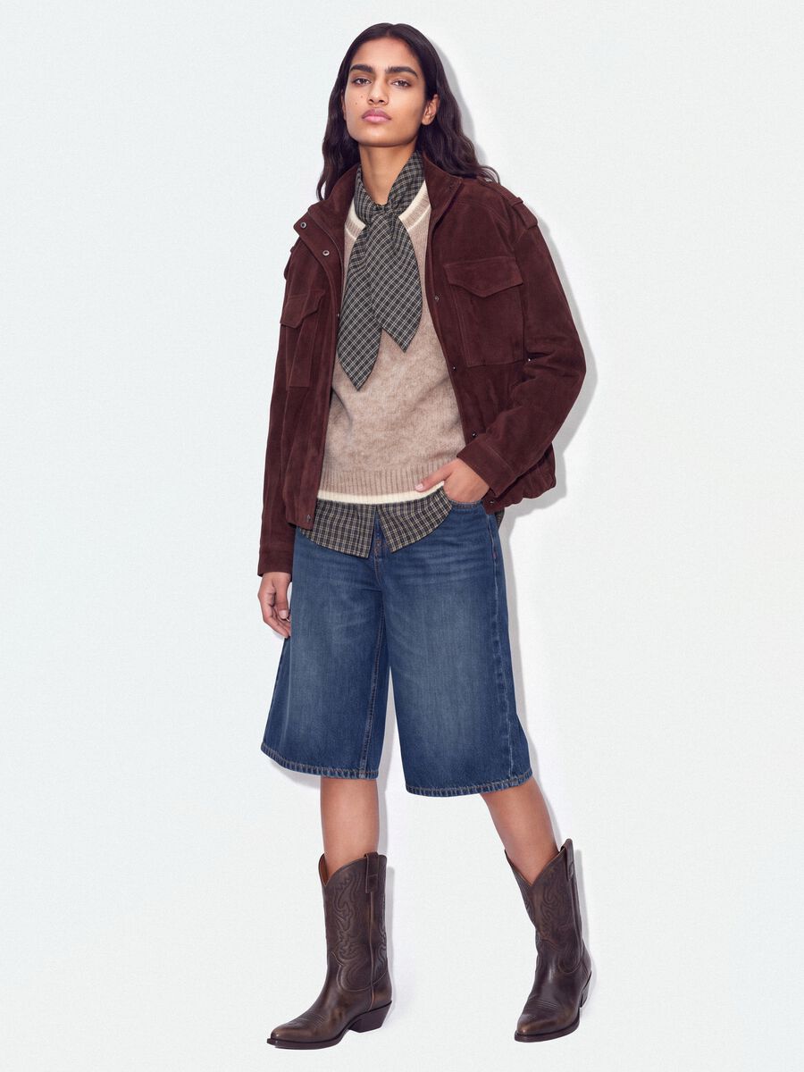 Beige stretch wool crew-neck gilet with oversized fit_1