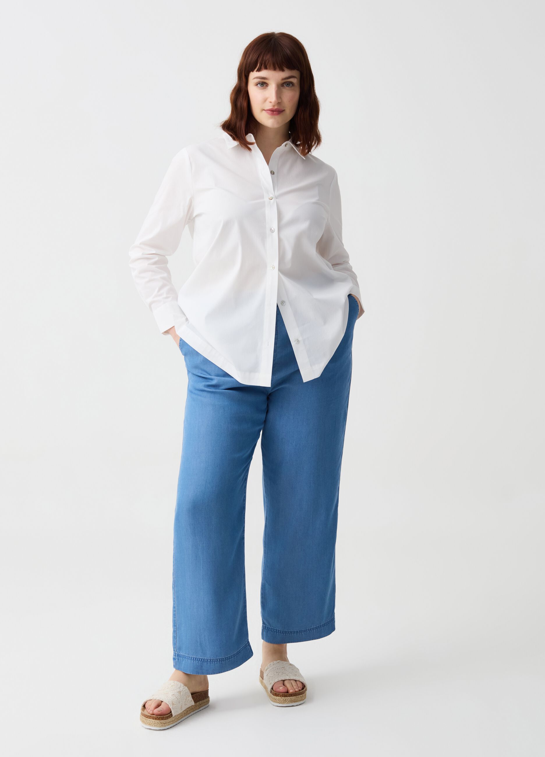 Curvy flowing wide-leg denim-effect trousers