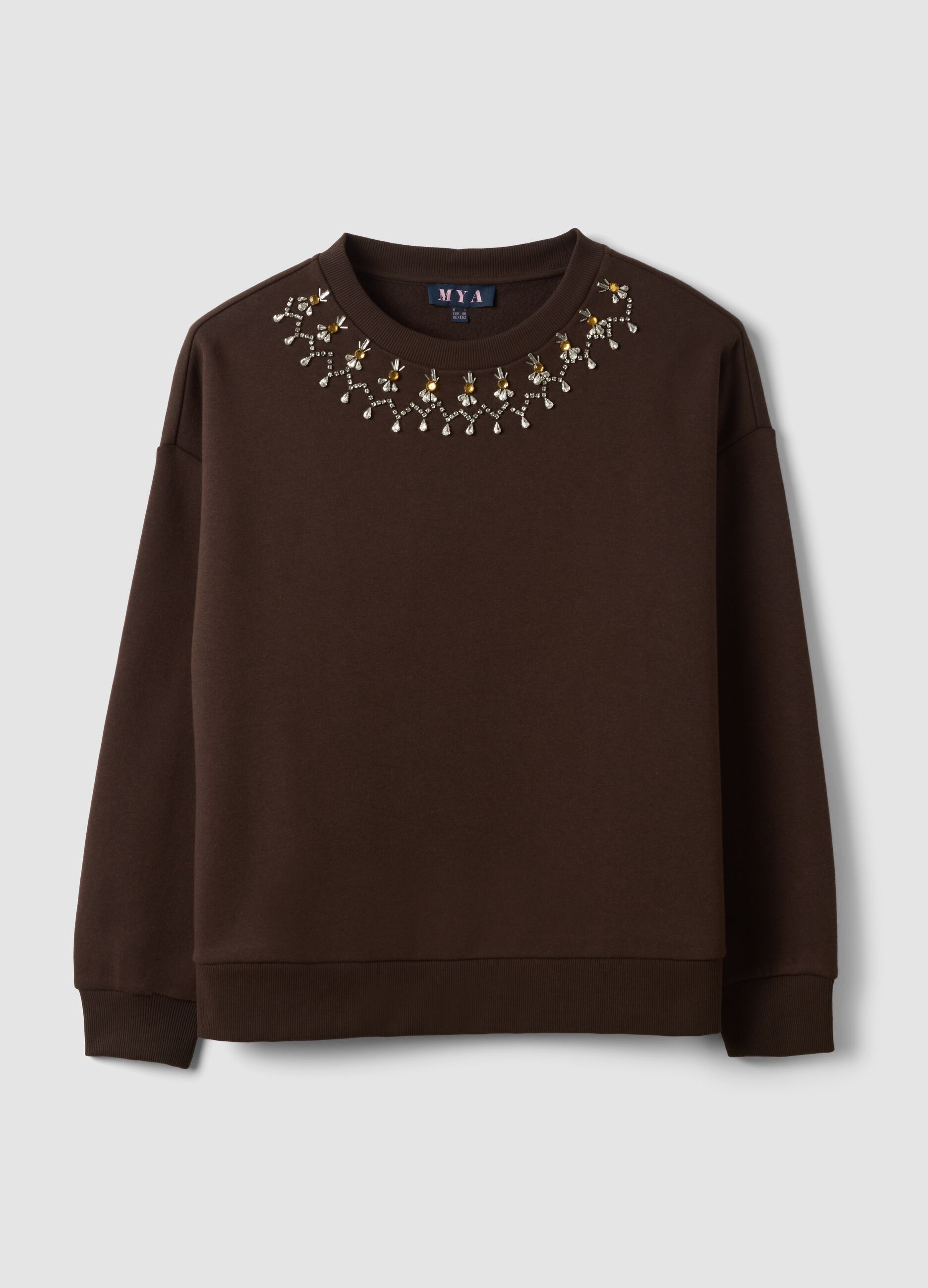 Brown cotton-blend sweatshirt with jewel crew neck
