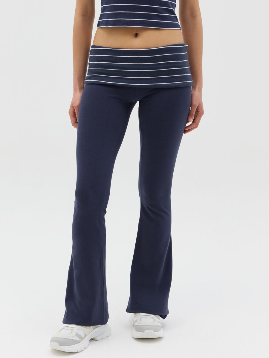 Blue flare-fit leggings with striped fold at the waist_1