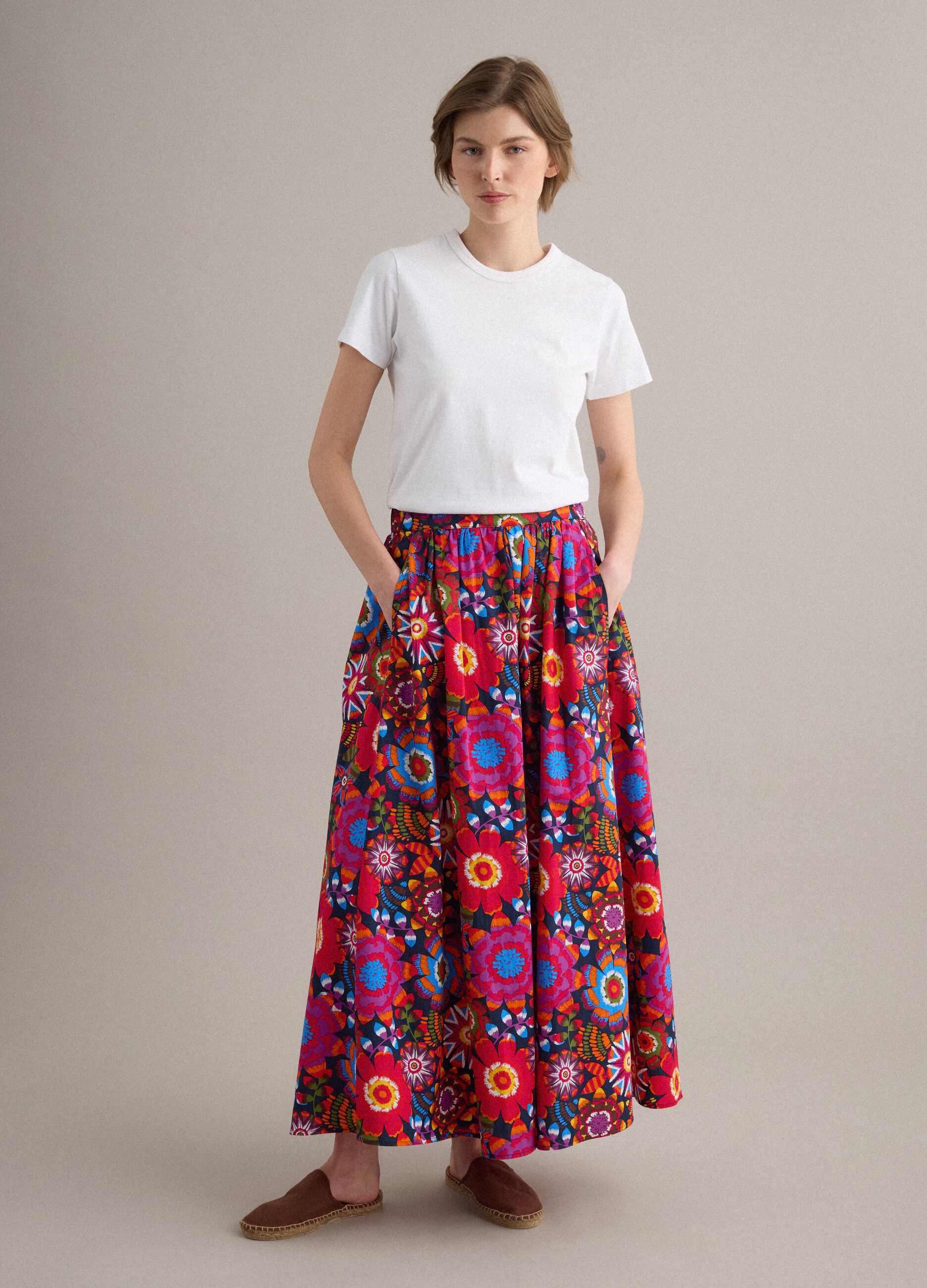 Multicolour midi skirt in pure cotton with elasticated waist