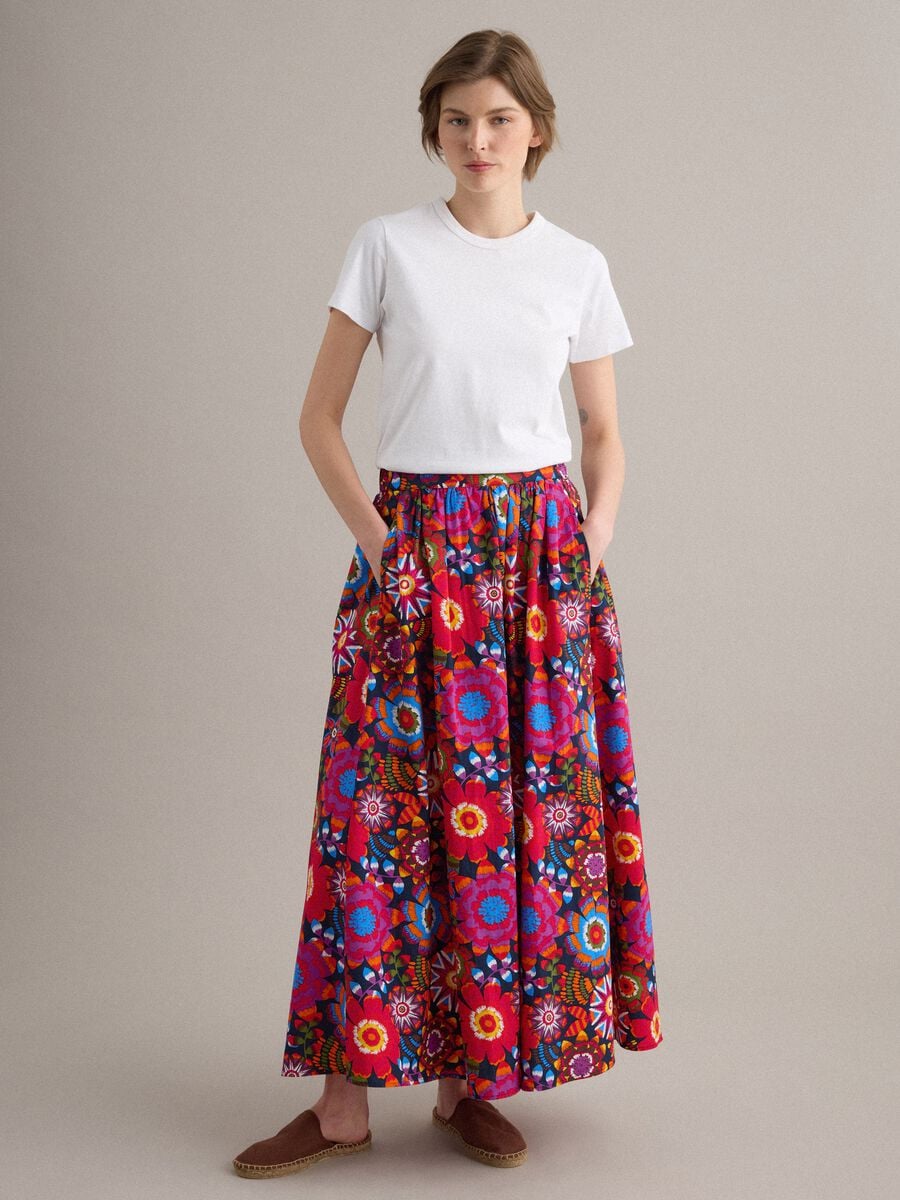 Multicolour midi skirt in pure cotton with elasticated waist_0