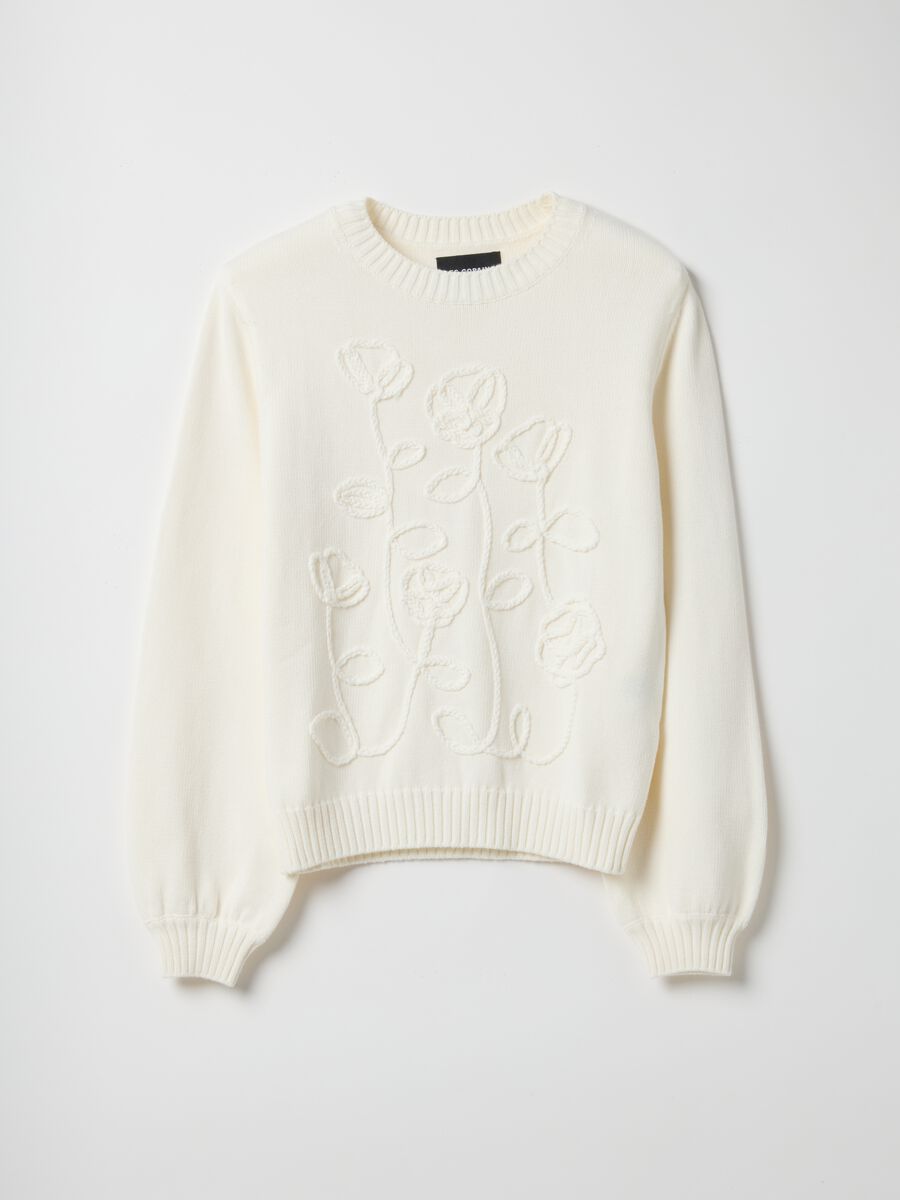 Maglione in puro cotone bianco regular fit con design floreale_0
