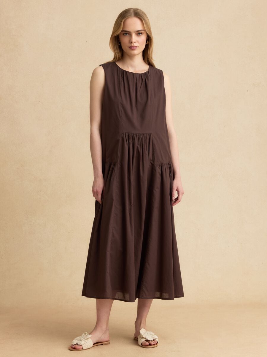 Abito midi marrone in puro cotone regular fit con arricciature_0