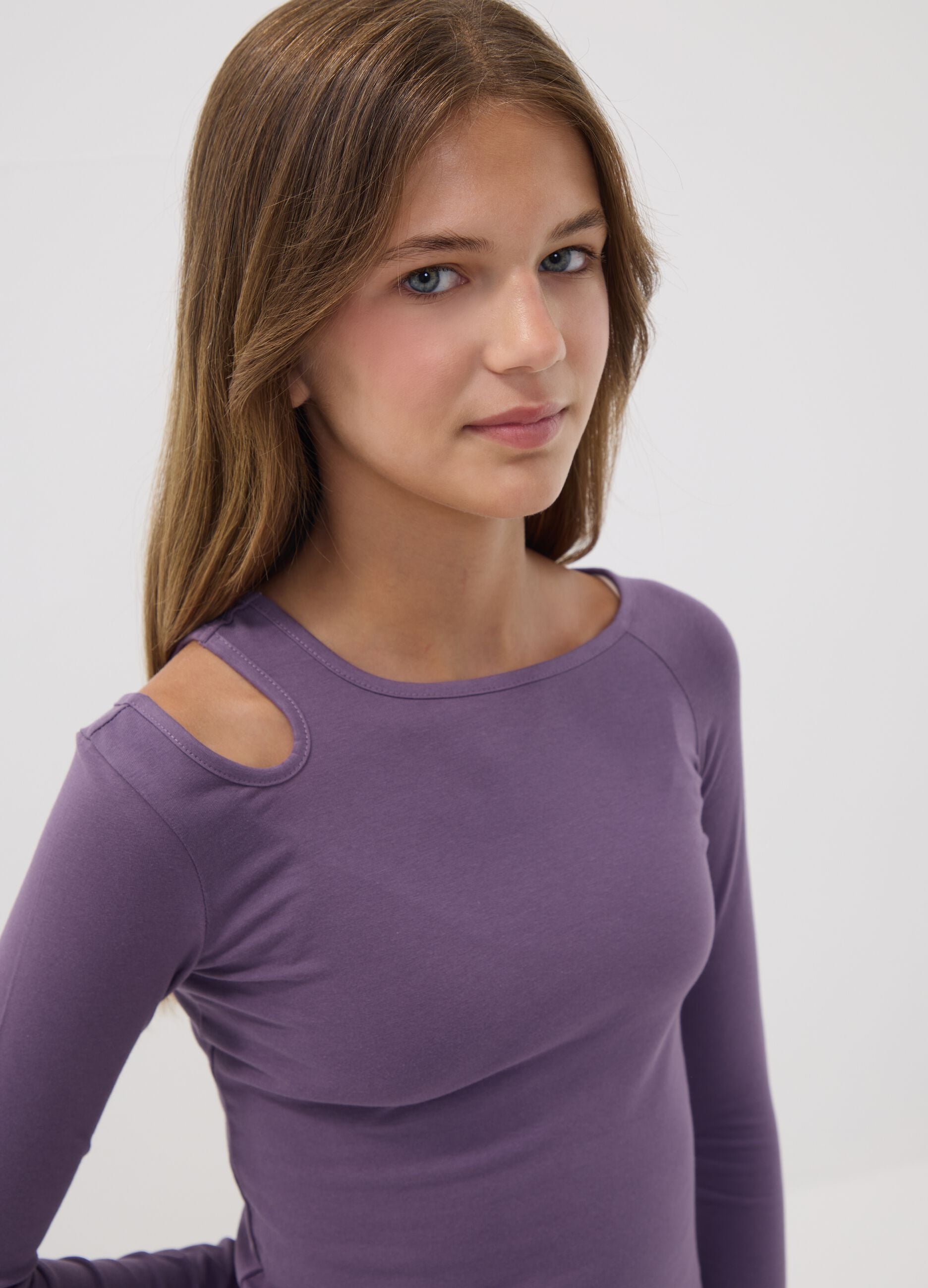 Purple stretch organic cotton cut-out T-shirt for girls