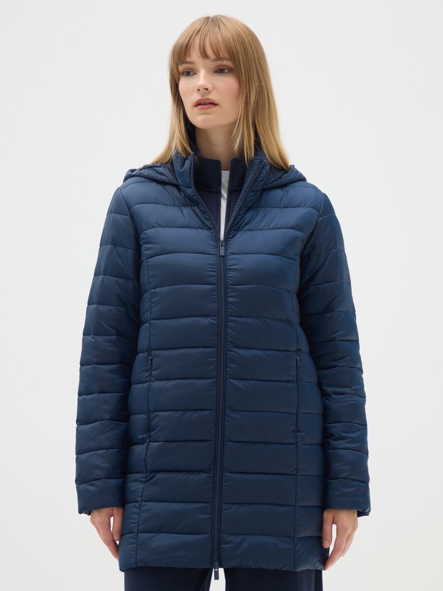Long padded blue jacket with hood and zip_0