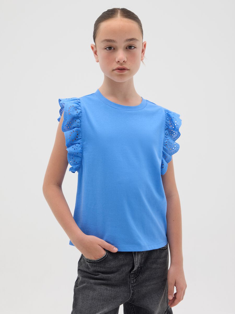T-shirt da ragazze in puro cotone blu regular fit con volant_0