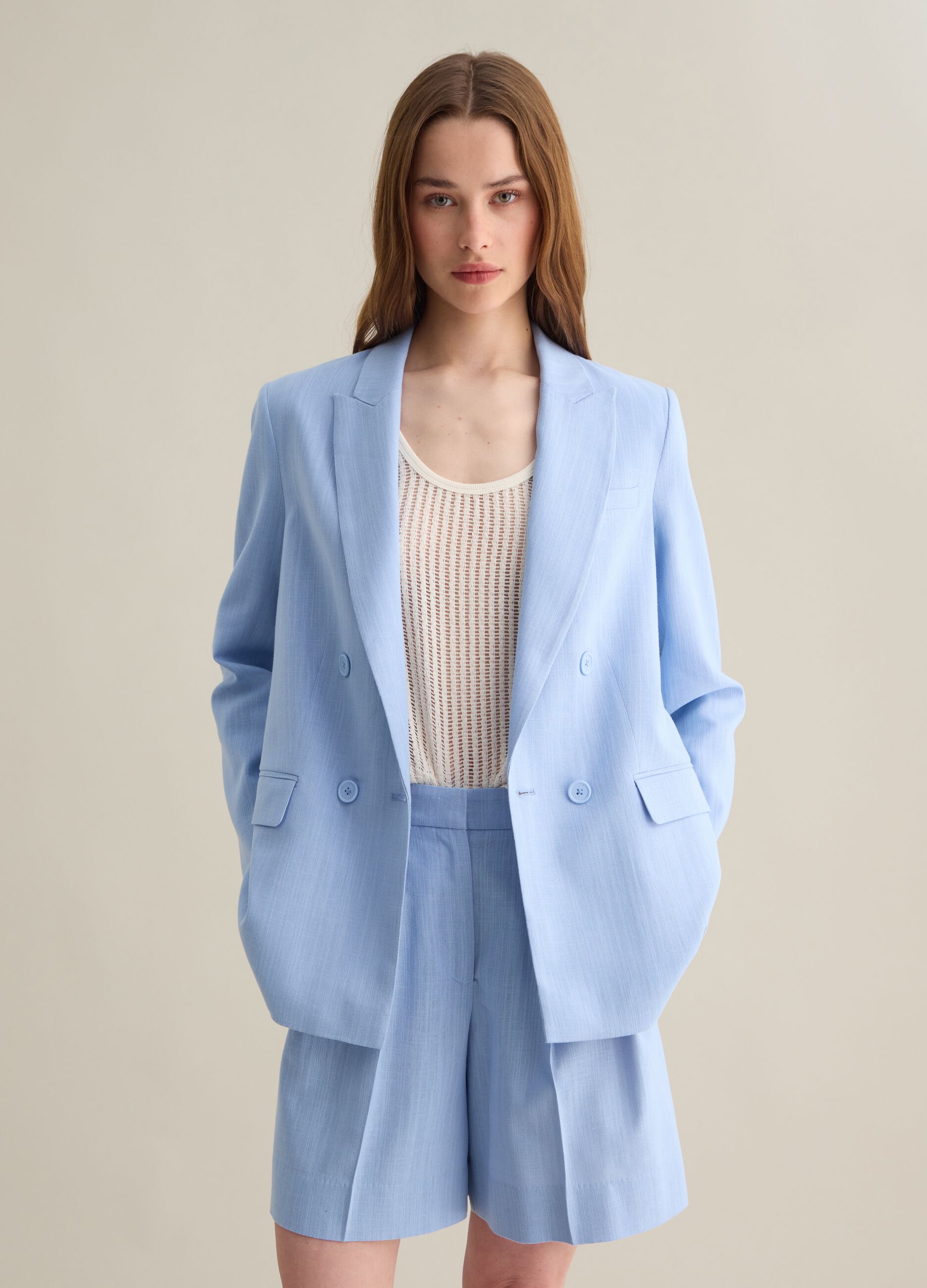Women’s light blue regular-fit blazer in cotton blend with buttons
