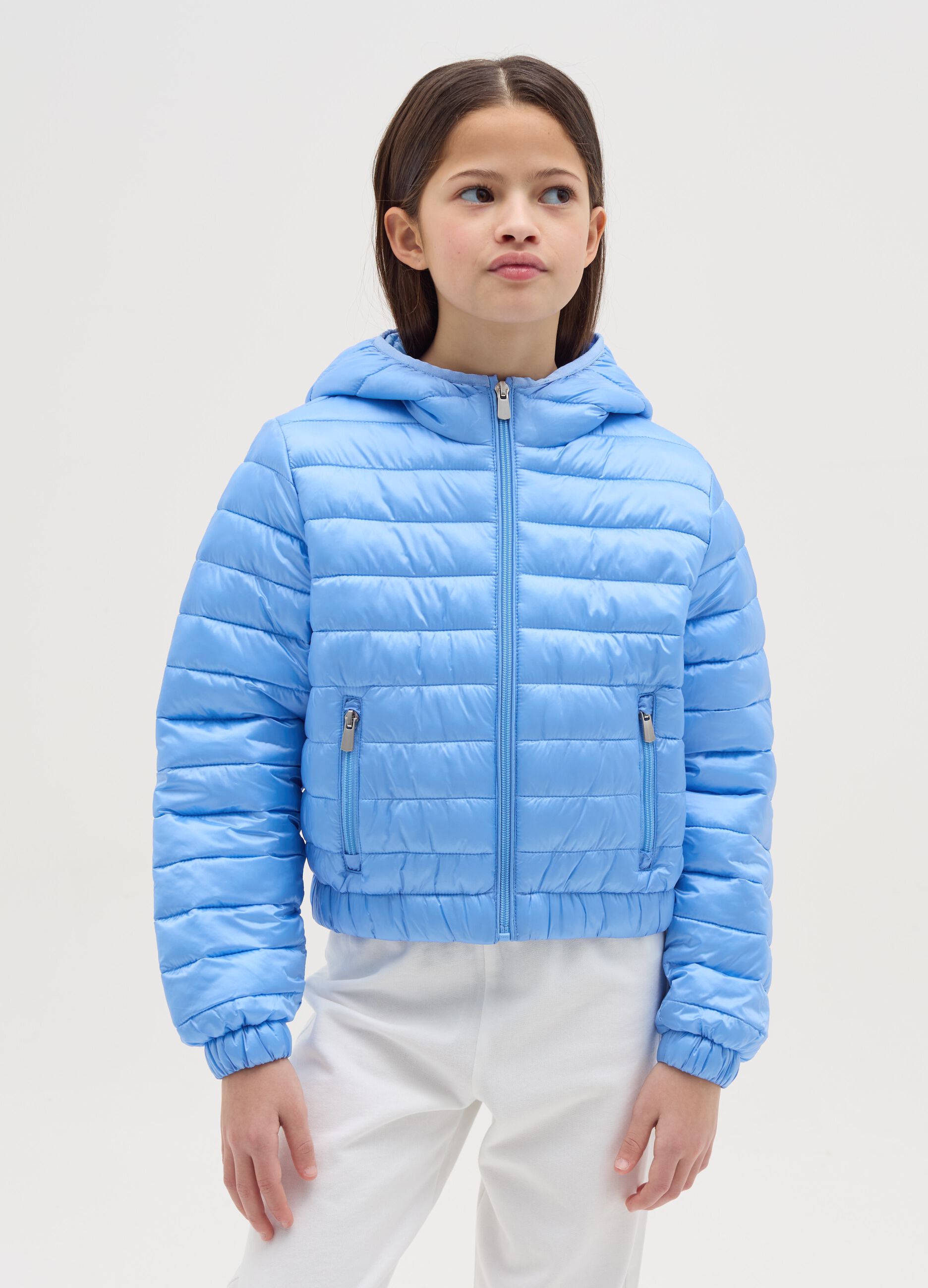 Piumino ultralight crop con cappuccio