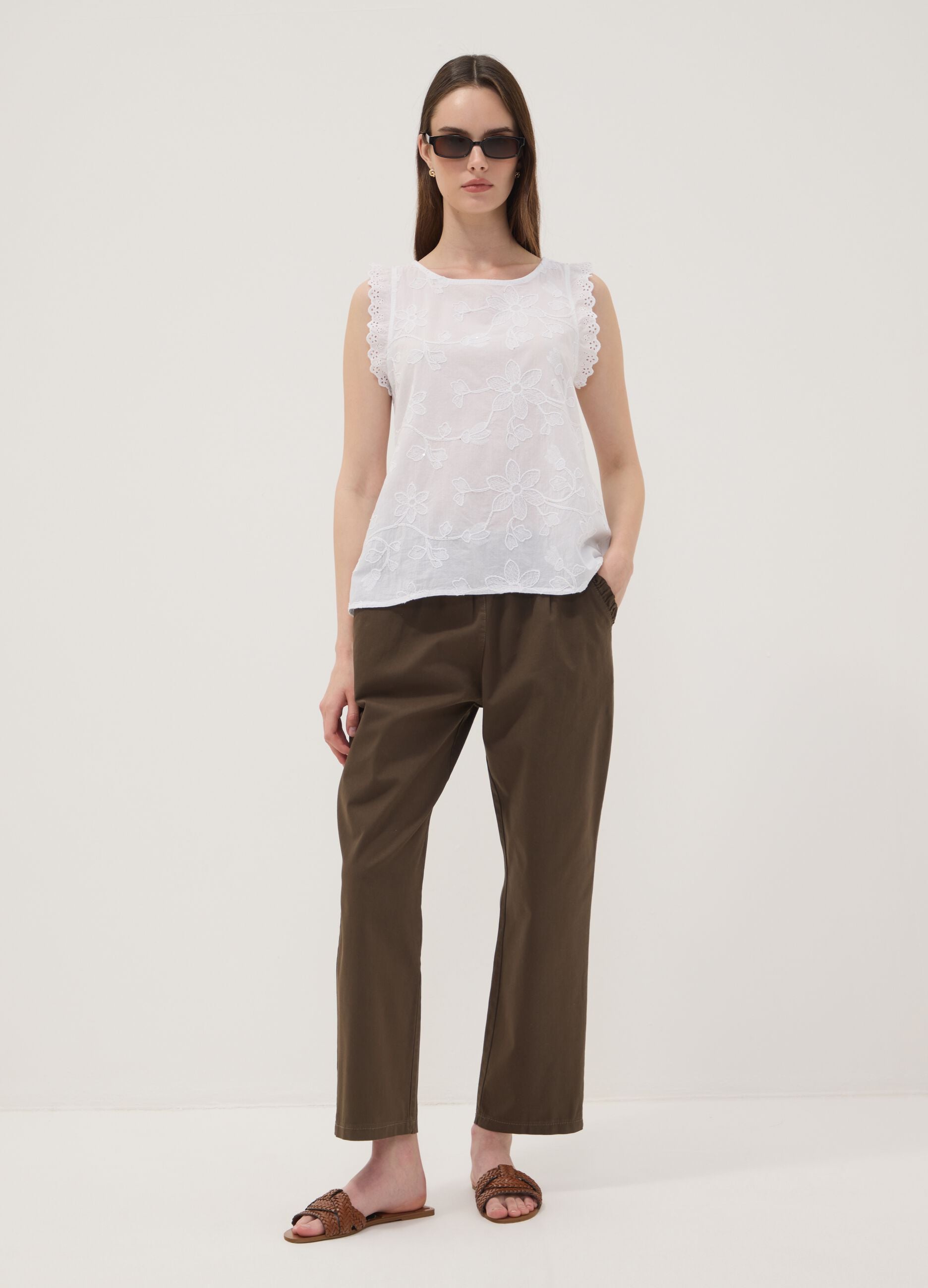 White pure cotton blouse with floral embroidery, regular fit