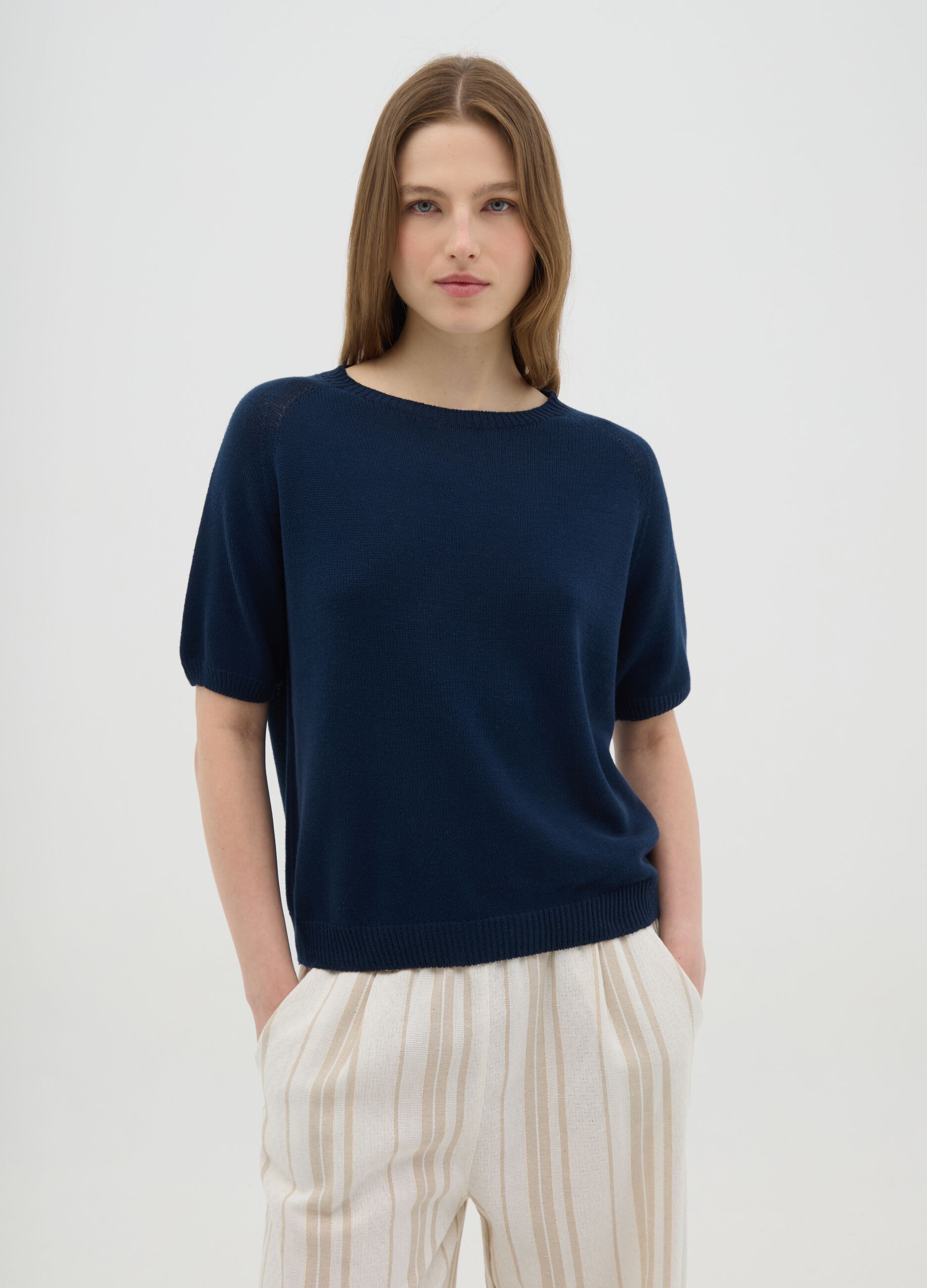 Women's blue pure cotton regular fit T-shirt