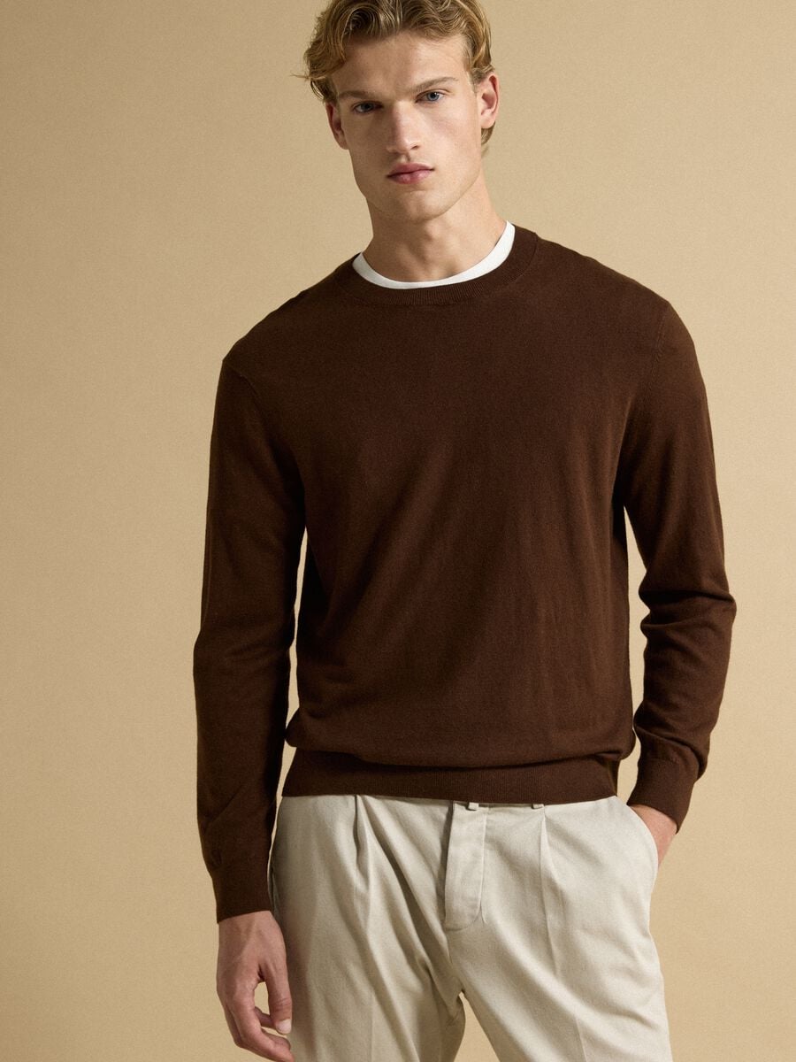 Maglia marrone girocollo in misto cotone e cashmere regular fit_0