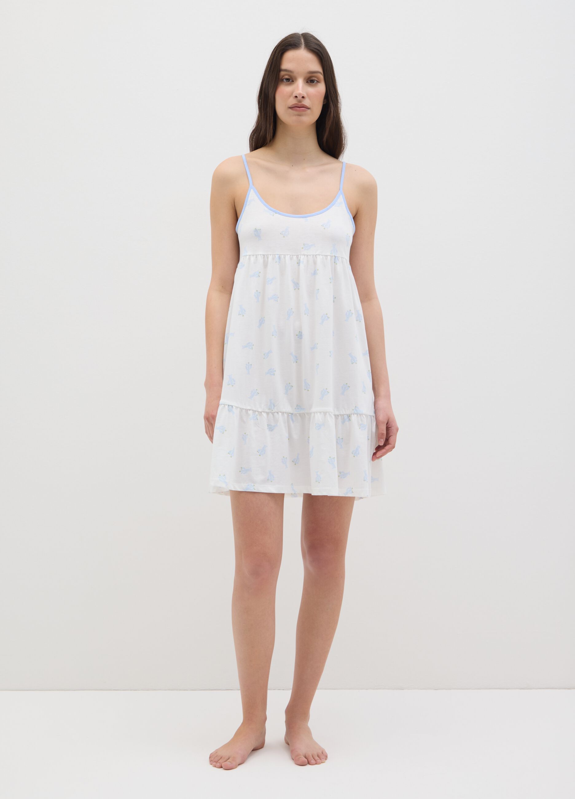 Camicia da notte da donna in puro cotone bianco con stampa cactus
