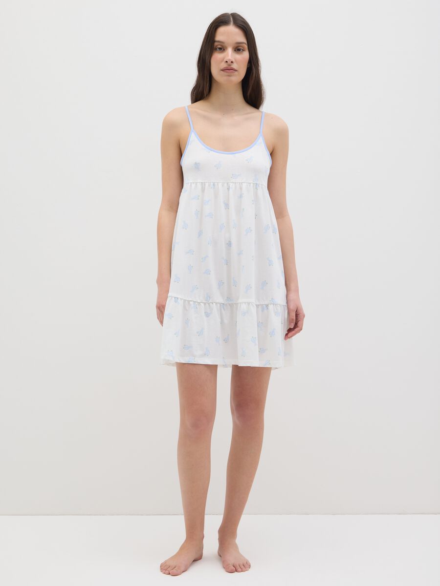 Women's White Pure Cotton Summer Dress with Blue Cactus Motif and Ruffle Hem_0