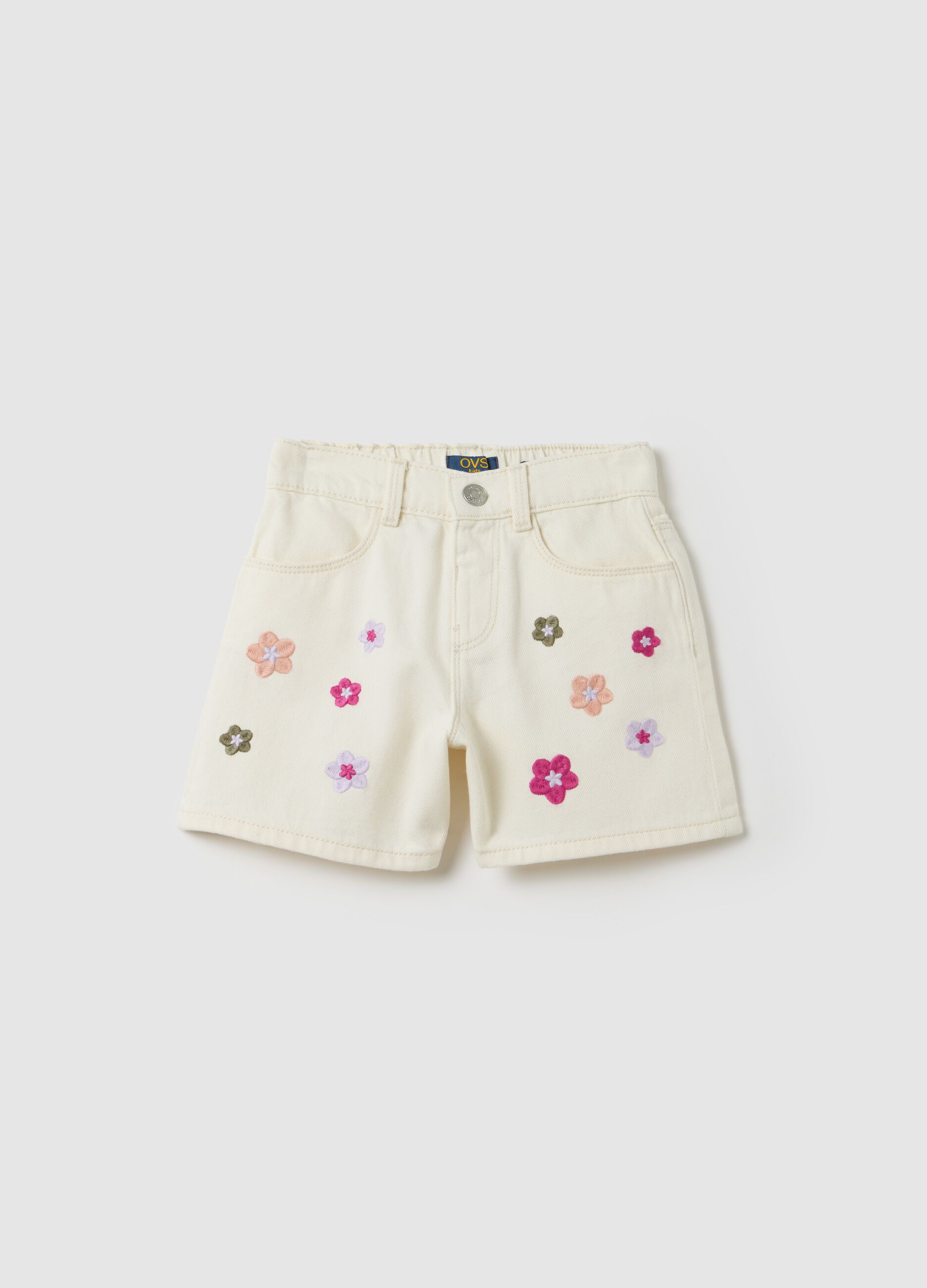 Beige cotton shorts with floral embroidery