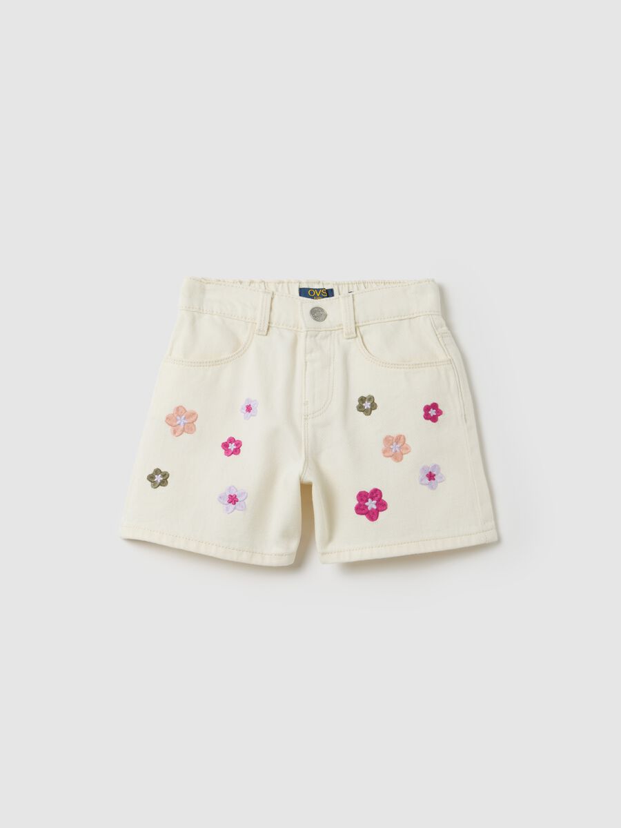 Beige cotton shorts with floral embroidery_0