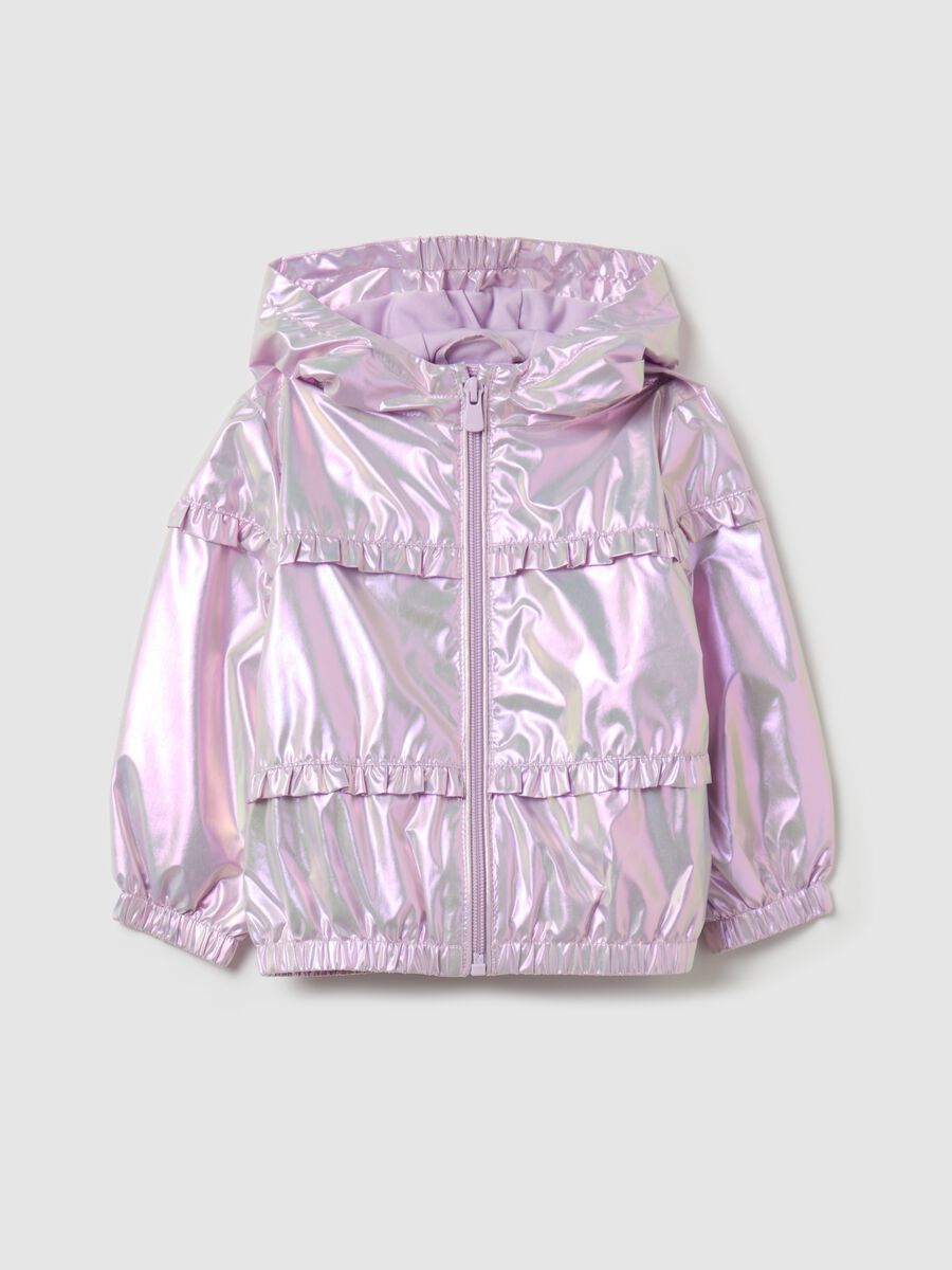Shiny jacket with hood and frills_0