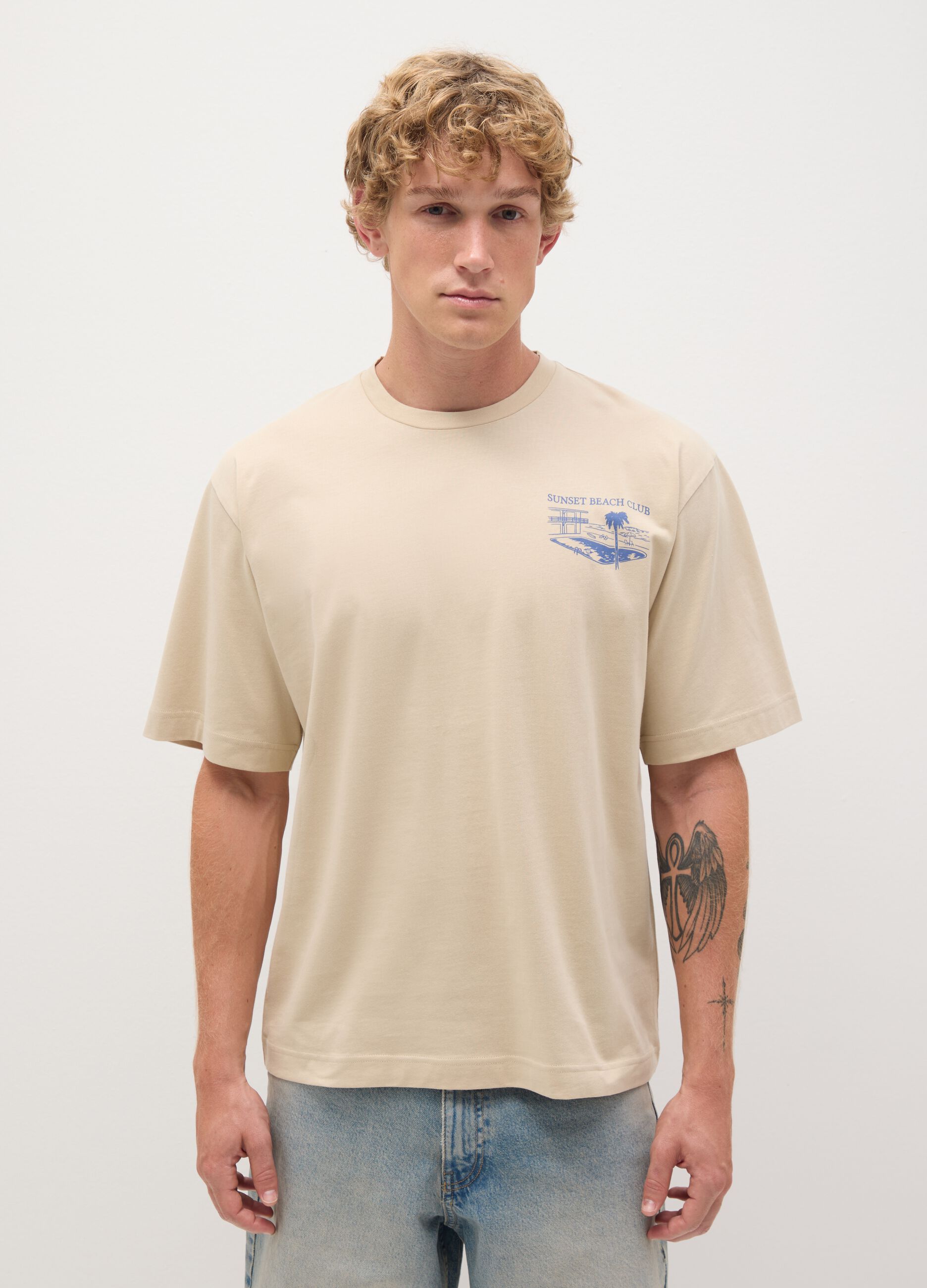 Men's beige pure cotton boxy fit T-shirt