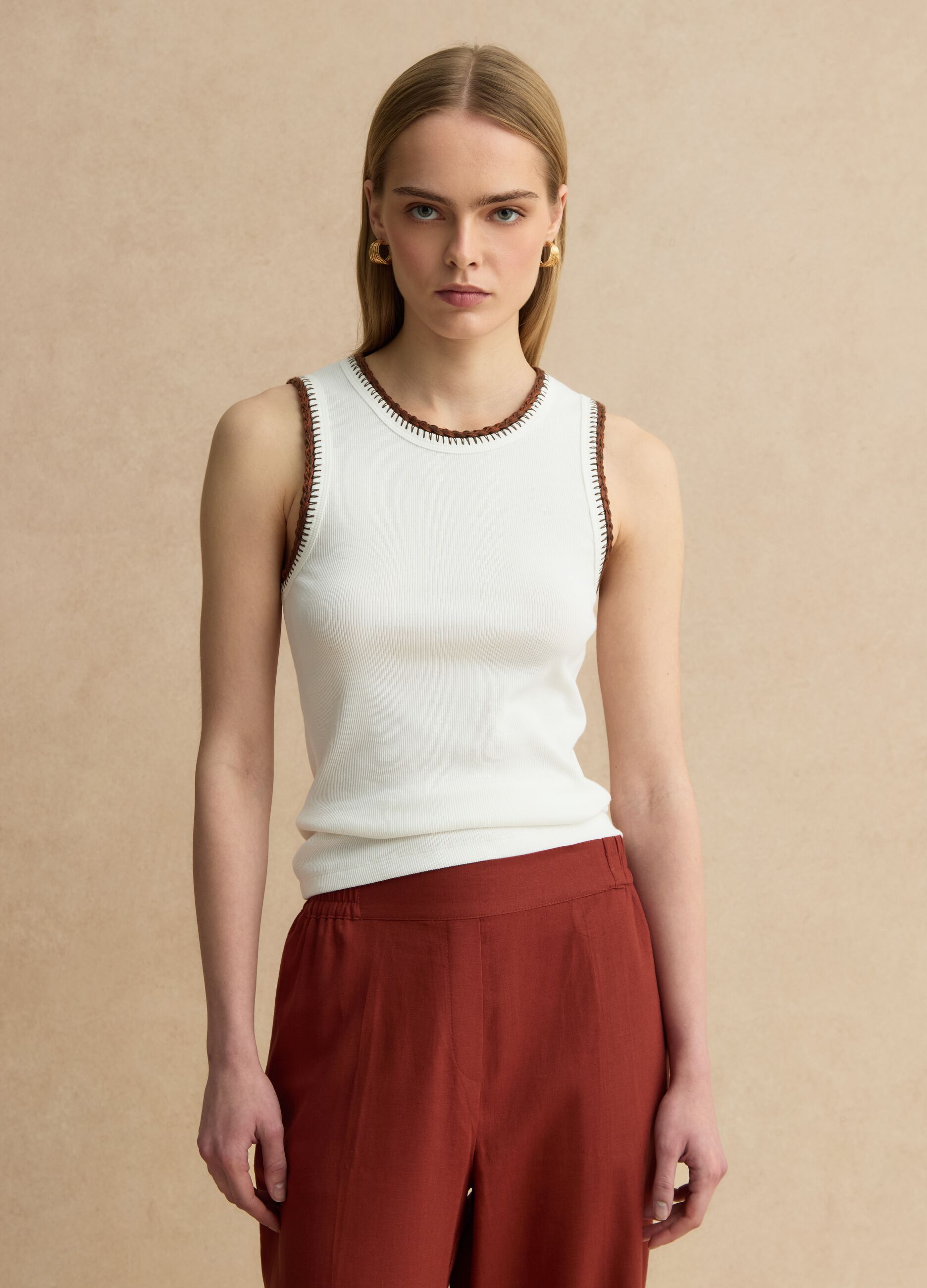White Stretch Cotton Vest Regular Fit with Embroidered Edges