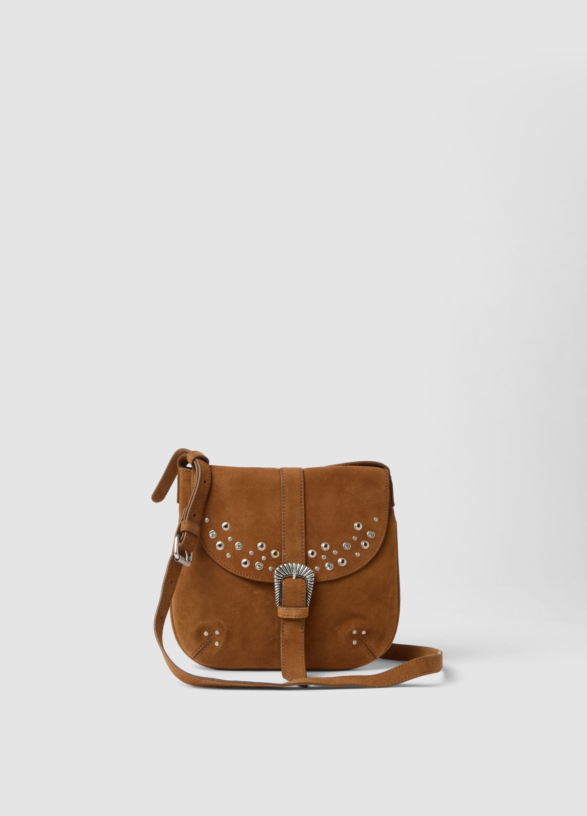 Borsa a tracolla marrone in vera pelle con borchie
