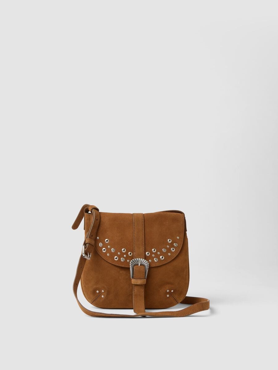 Brown genuine leather crossbody bag with studs_0